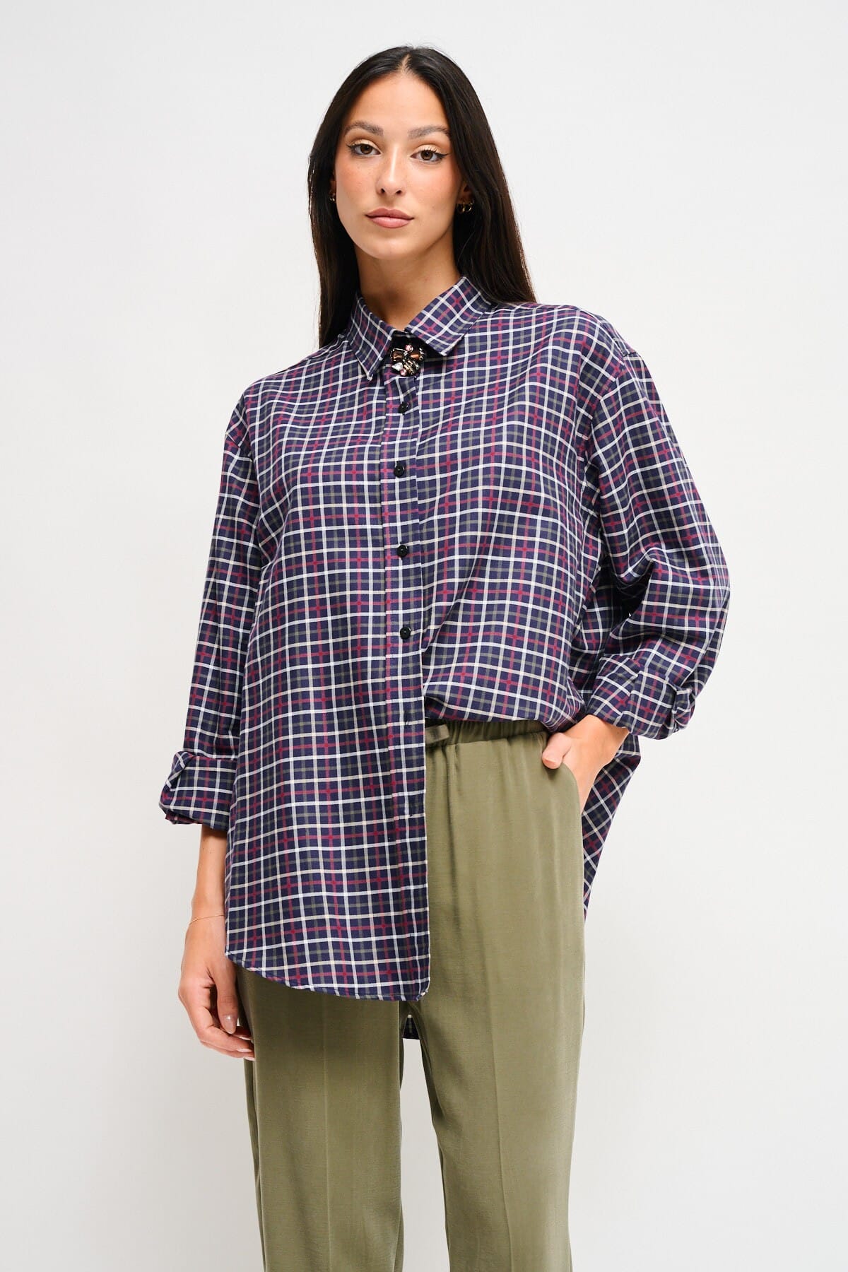 Maryley Check Over Shirt With Jewelled Brooch