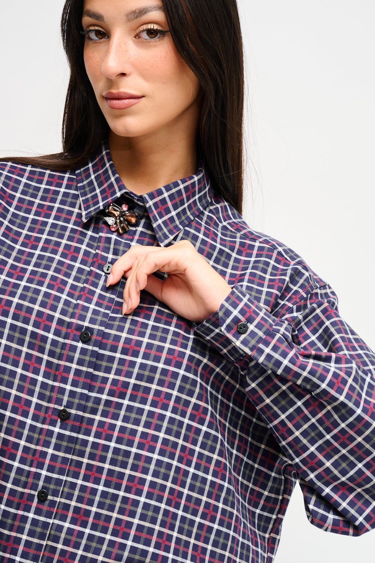 Maryley Check Over Shirt With Jewelled Brooch