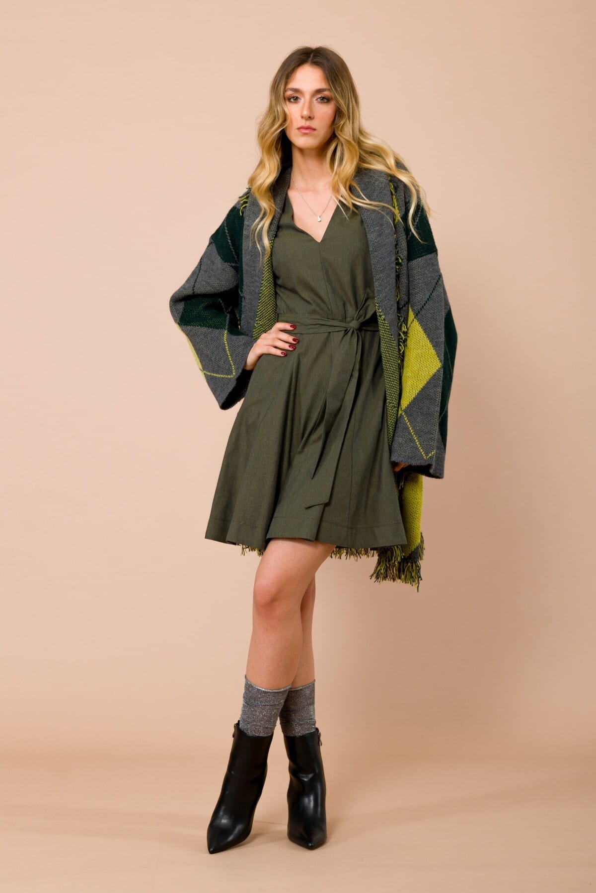 Cardigan With Fringes. Waistband And Argyle Motif Maryley