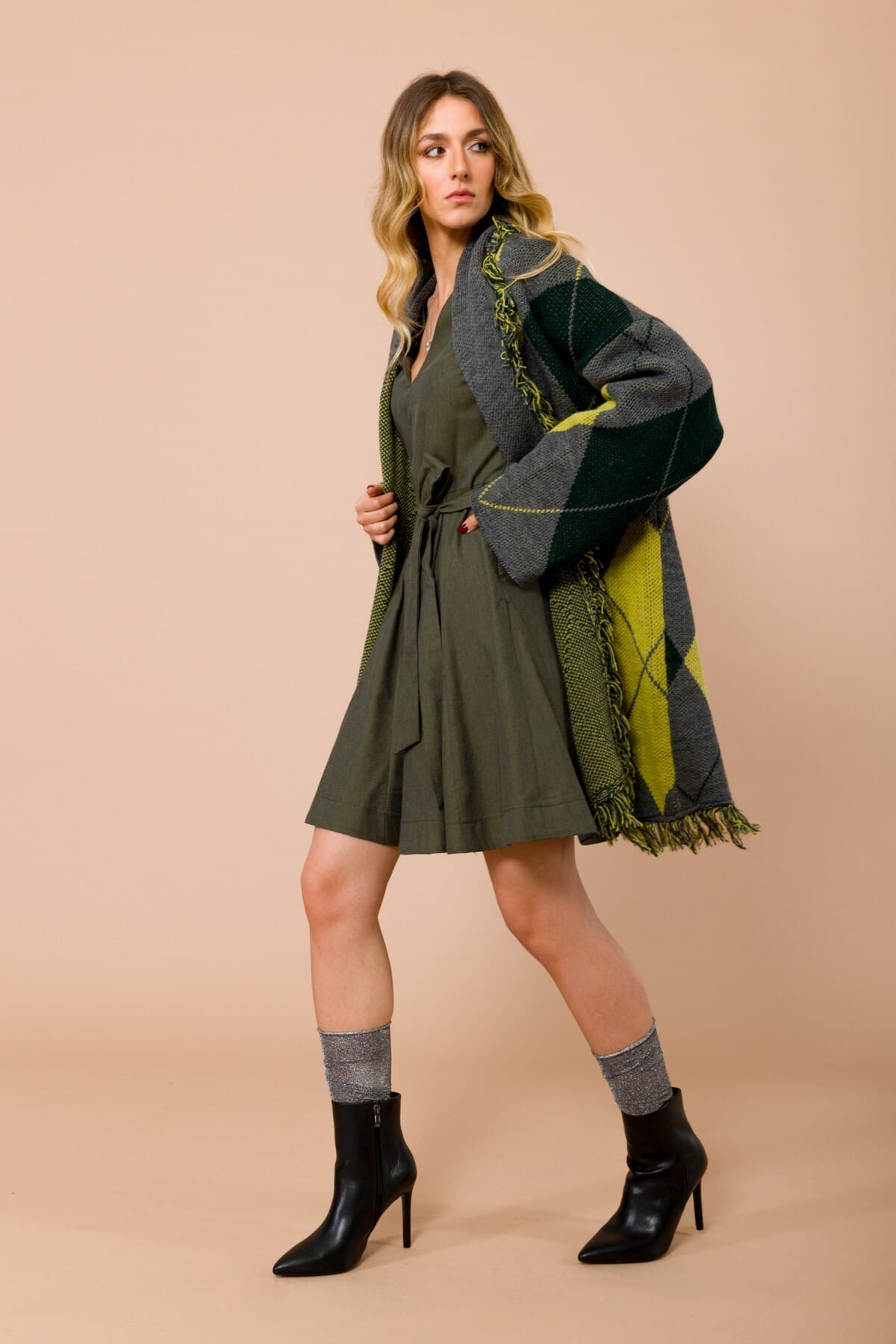 Cardigan With Fringes. Waistband And Argyle Motif Maryley