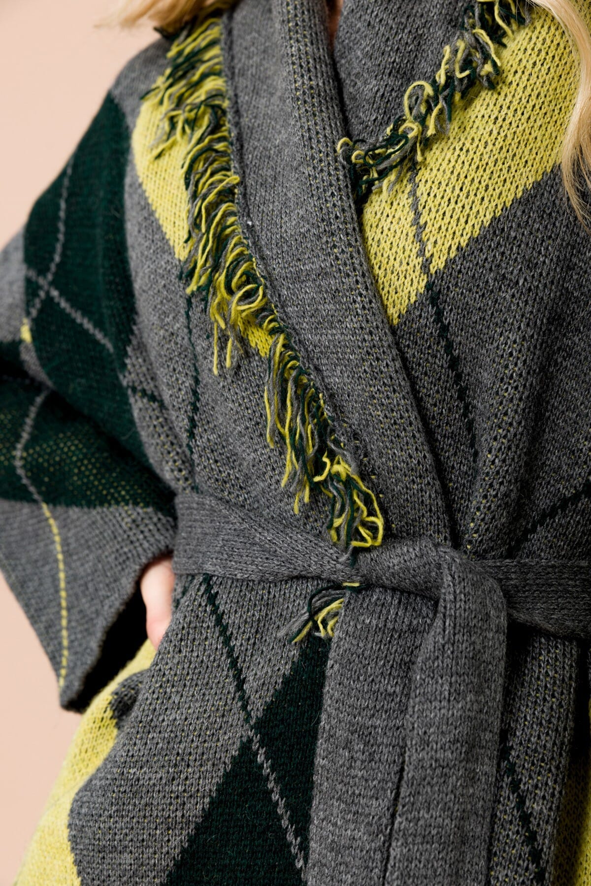 Cardigan With Fringes. Waistband And Argyle Motif Maryley