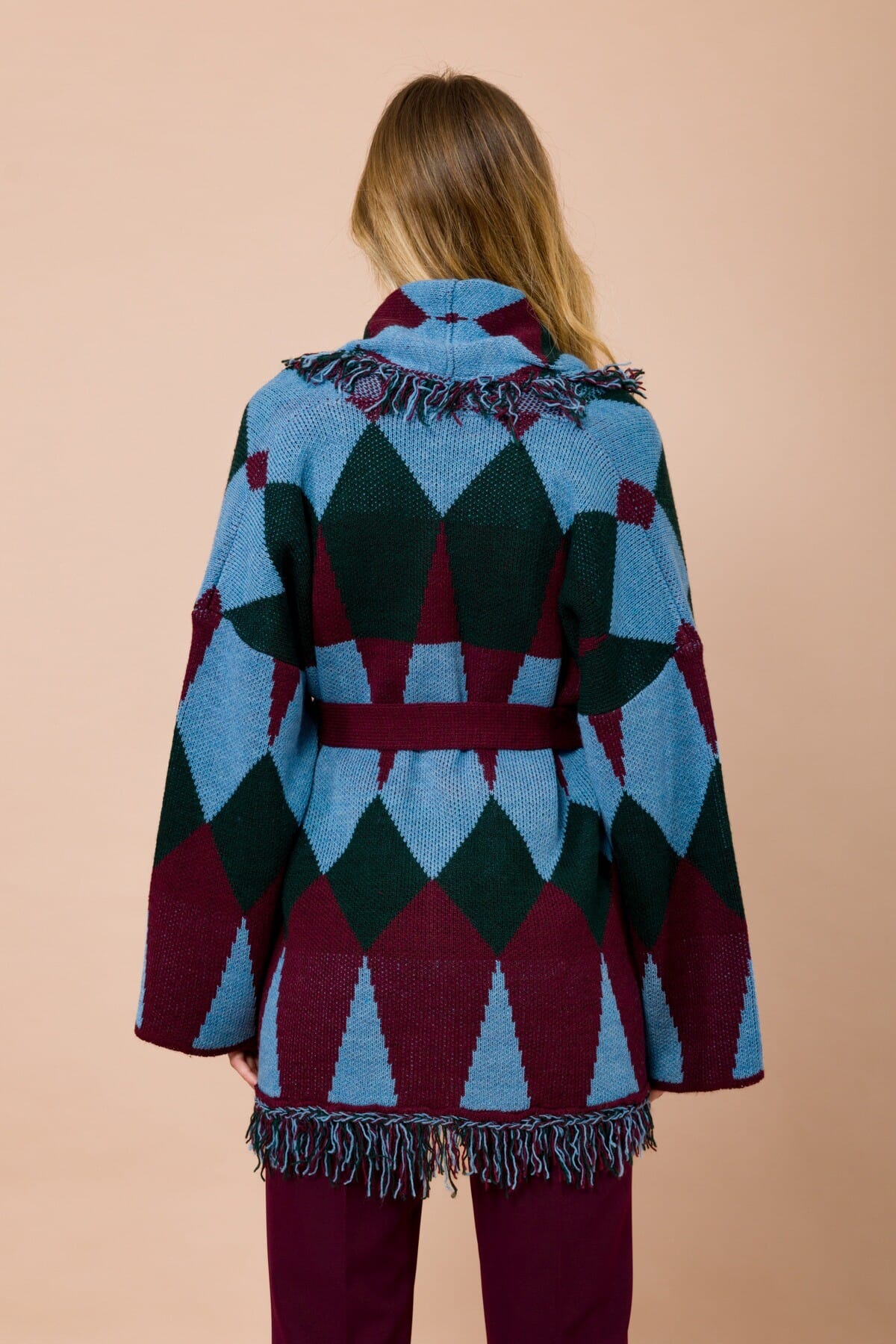 Cardigan court avec franges et ceinture en jacquard Maryley