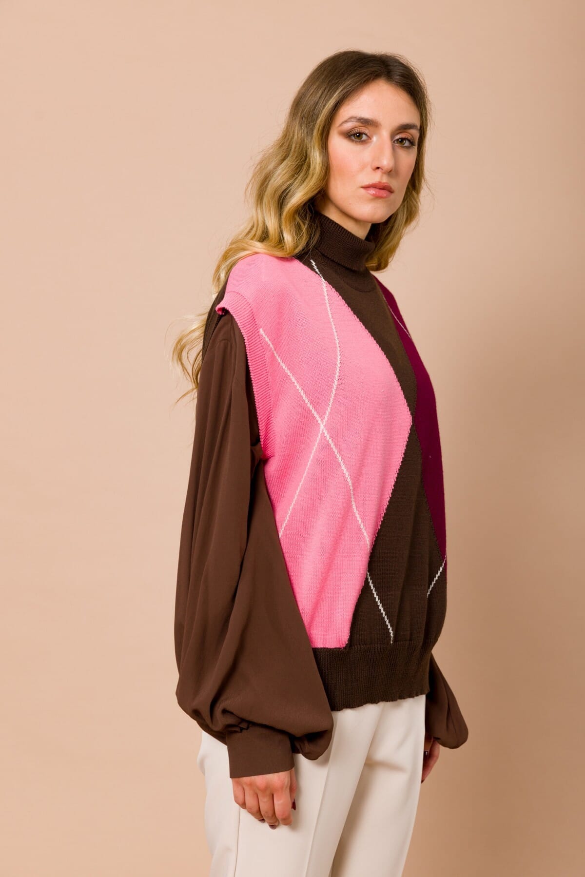 Gilet oversize à col montant et motif argyle Maryley