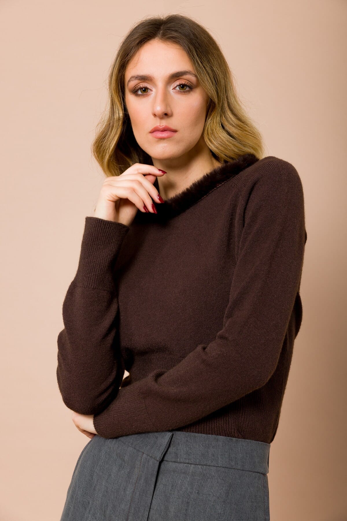 Maglia Manica Lunga Girocollo Con Profilo In Ecopelliccia Maryley