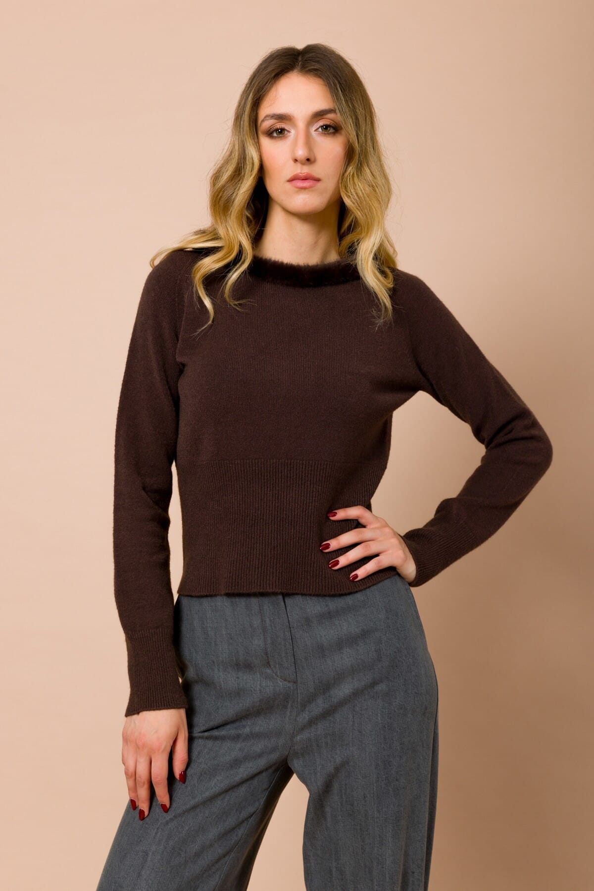 Maglia Manica Lunga Girocollo Con Profilo In Ecopelliccia Maryley