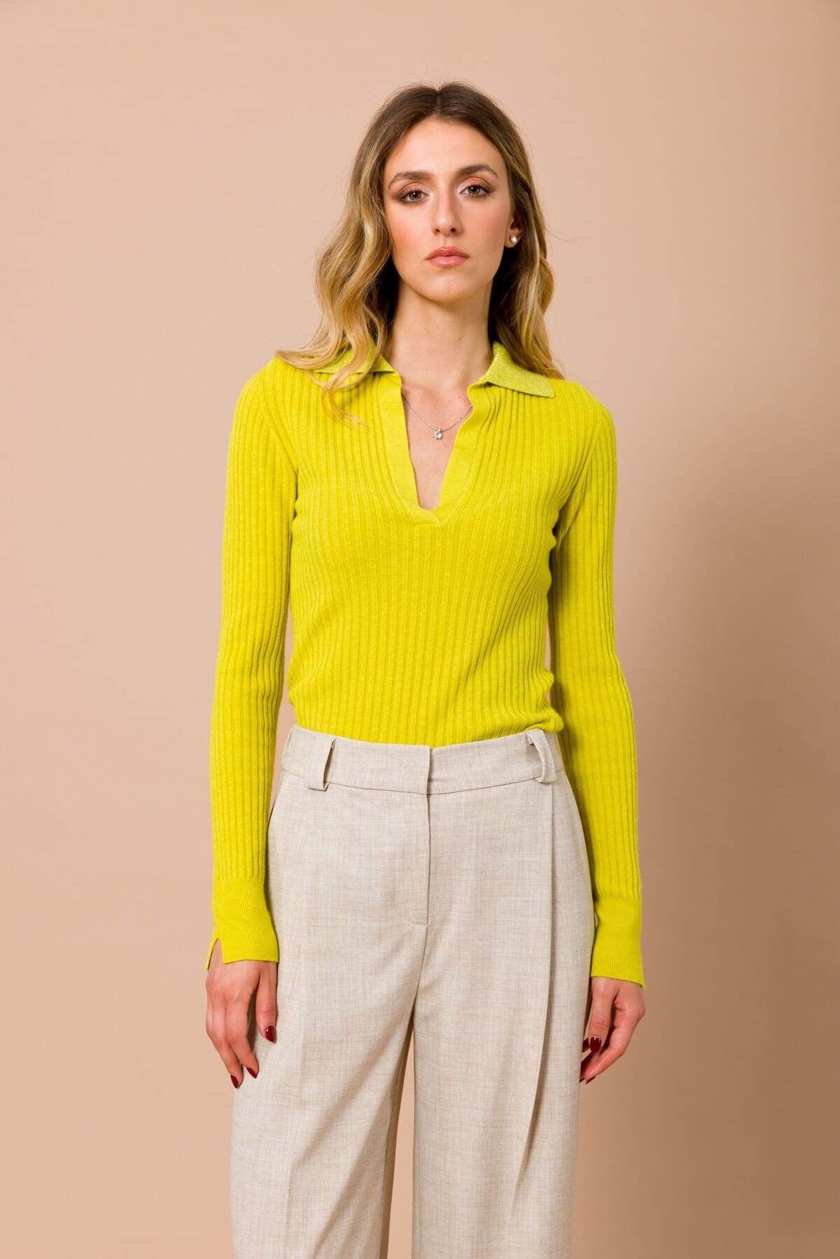 Polo Maryley en maille côtelée avec col en Lurex