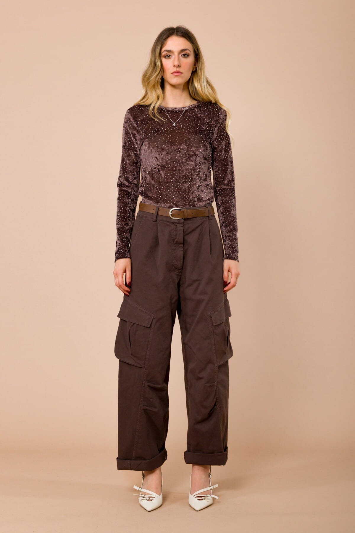 Blusa Manica Lunga Girocollo Con Strass Allover Maryley