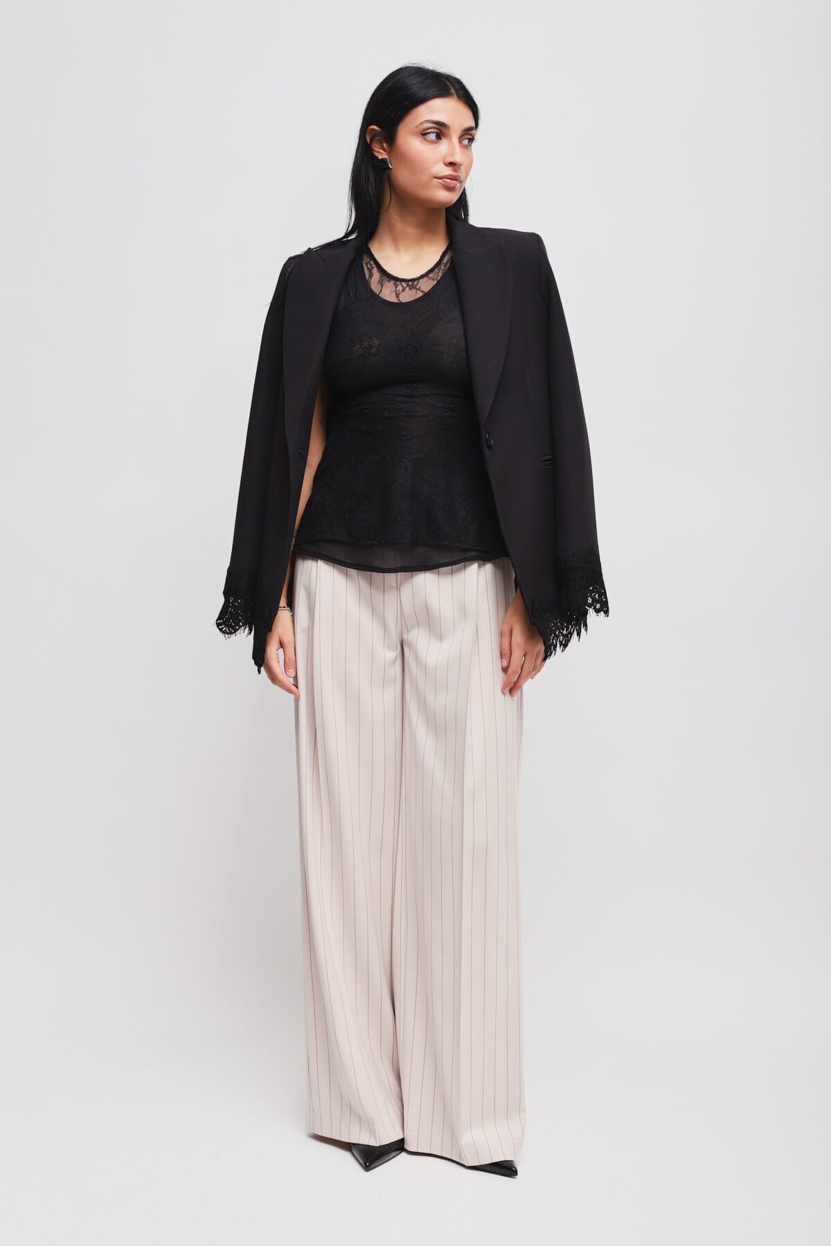 Pantalone Palazzo Gessato Con Pieghe Sul Davanti Ed Elastico In Vita Maryley