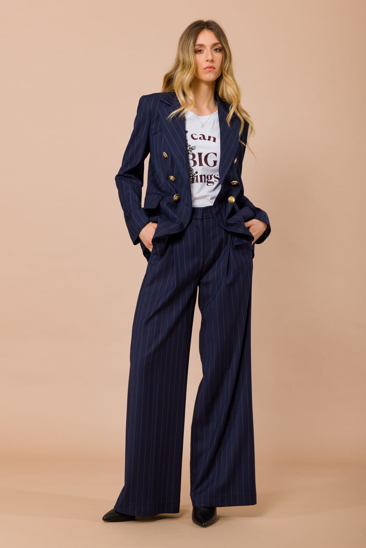 Pantalone Palazzo Gessato Con Pieghe Sul Davanti Ed Elastico In Vita Maryley