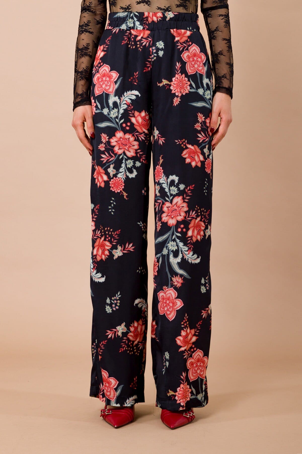 Pantalone Dritto Con Elastico In Vita In Raso Di Viscosa Fantasia Maryley