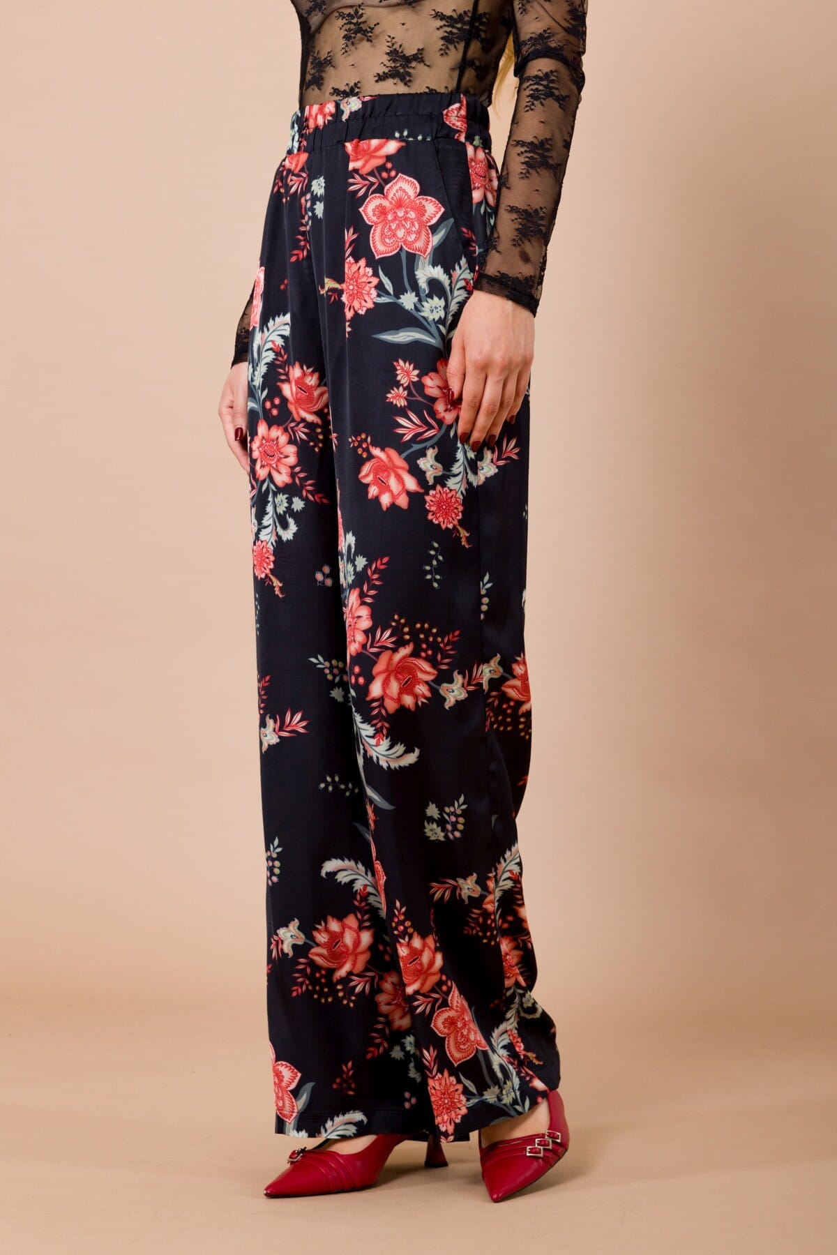 Pantalone Dritto Con Elastico In Vita In Raso Di Viscosa Fantasia Maryley