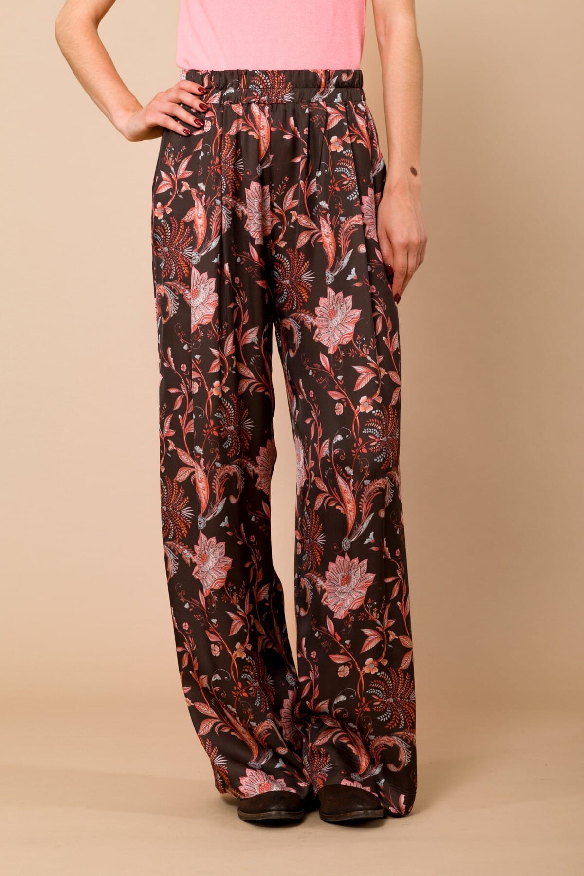 Pantalone Palazzo Con Elastico In Vita In Raso Di Viscosa Fantasia Maryley