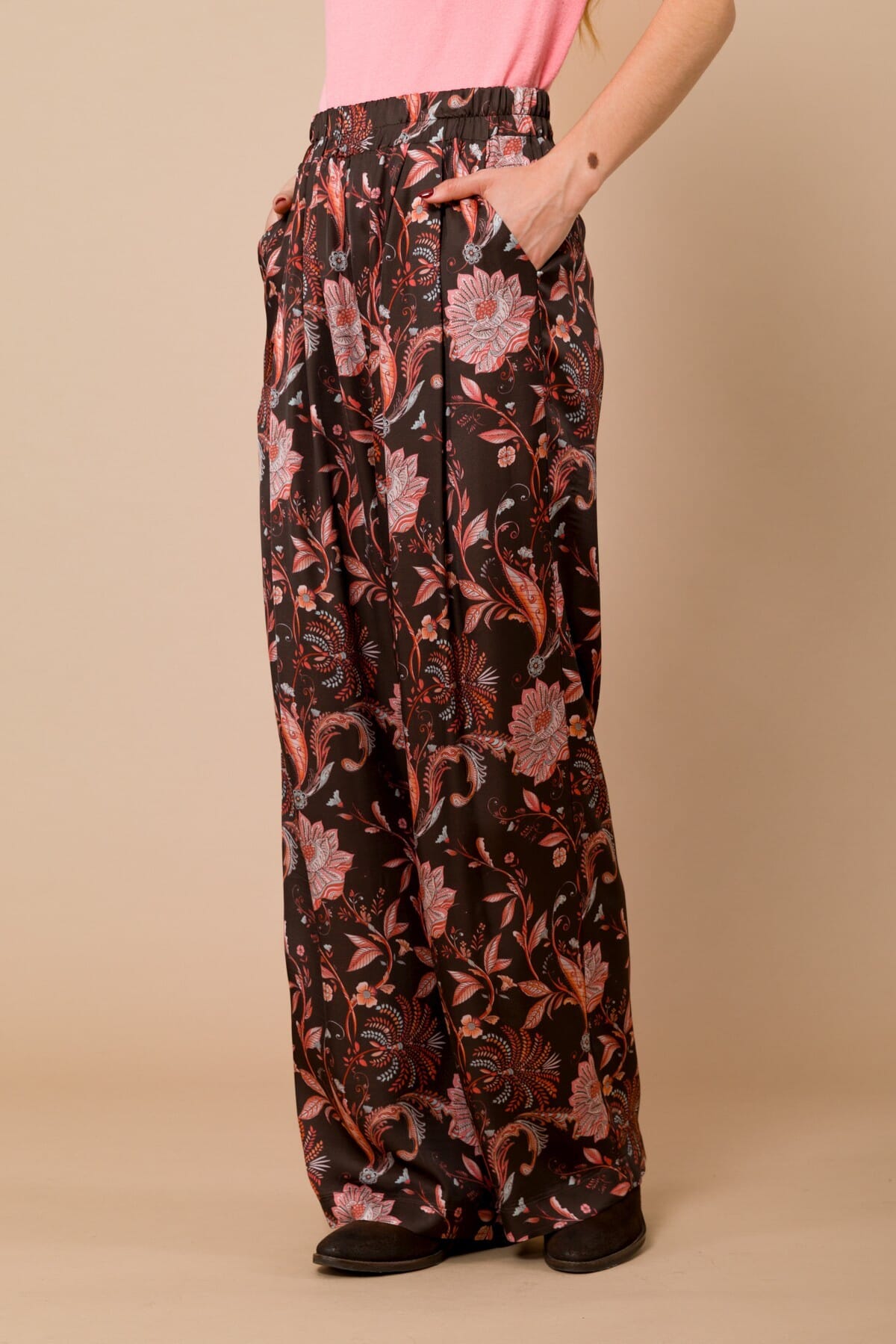 Pantalone Palazzo Con Elastico In Vita In Raso Di Viscosa Fantasia Maryley