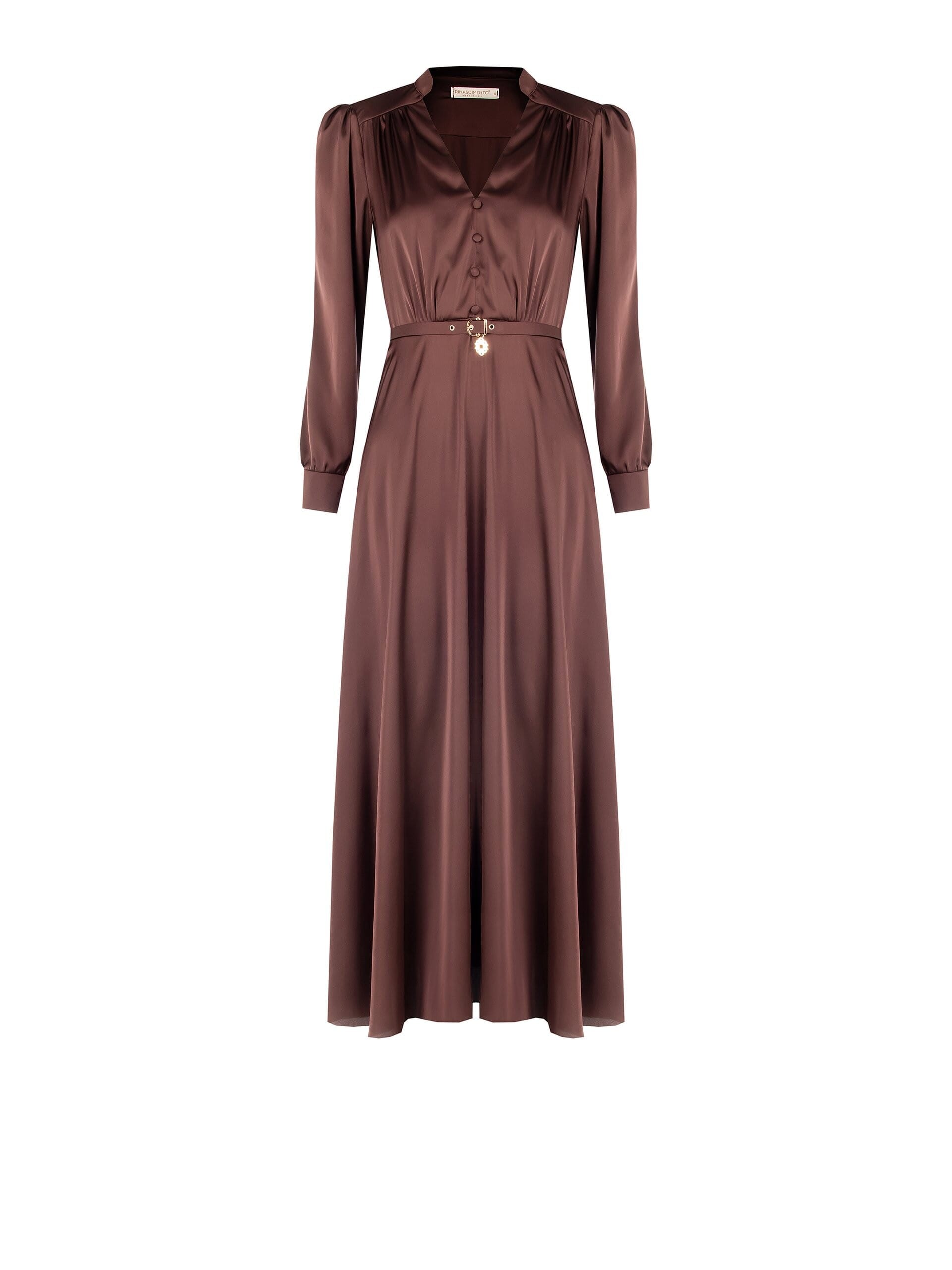 Abito Lungo A Ruota In Raso Con Cintura Coordinata E Ciondolo Logo Rinascimento
