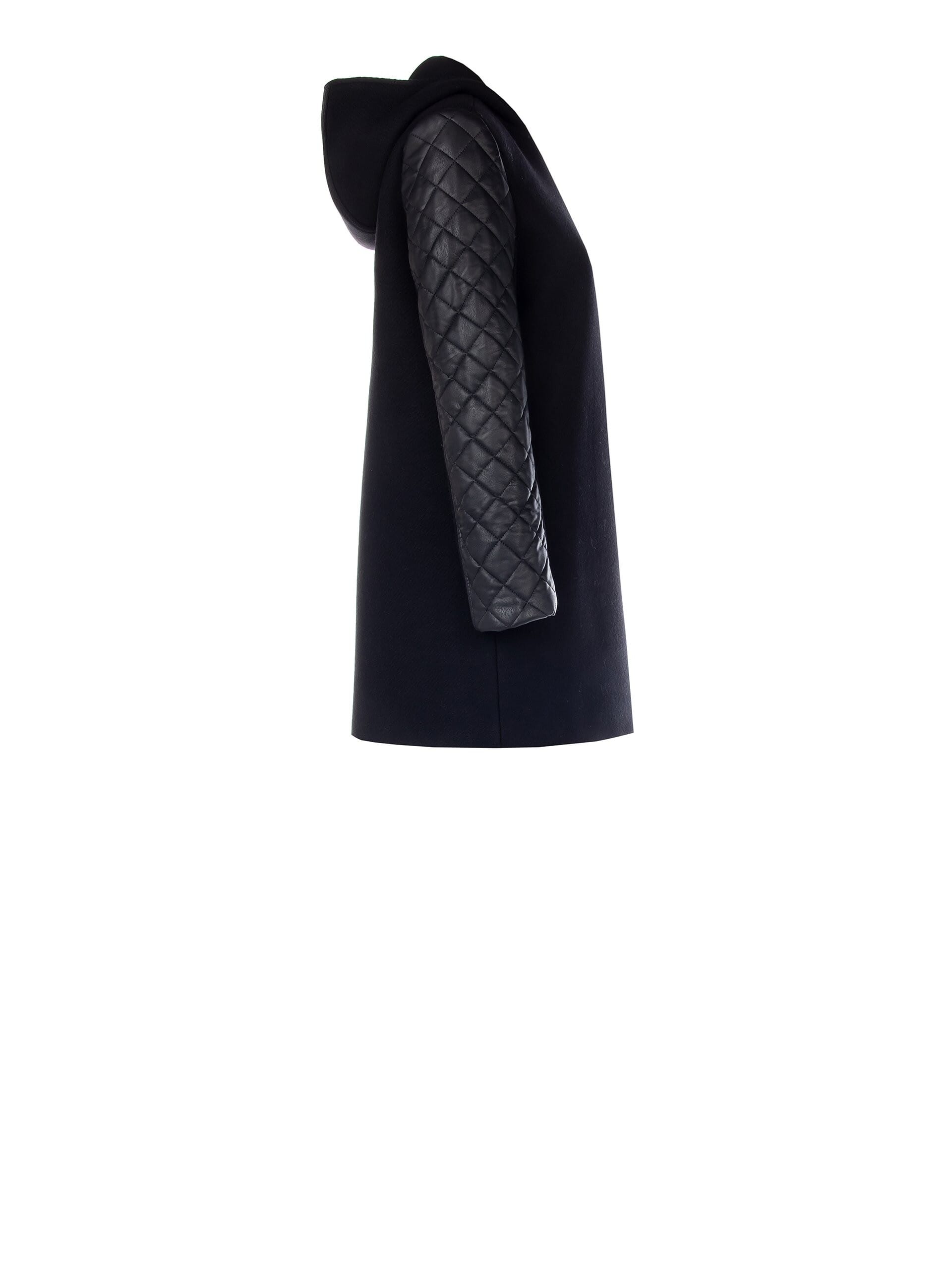 Manteau moyen en laine mélangée avec capuche et manches matelassées en Similpelle Rinascimento