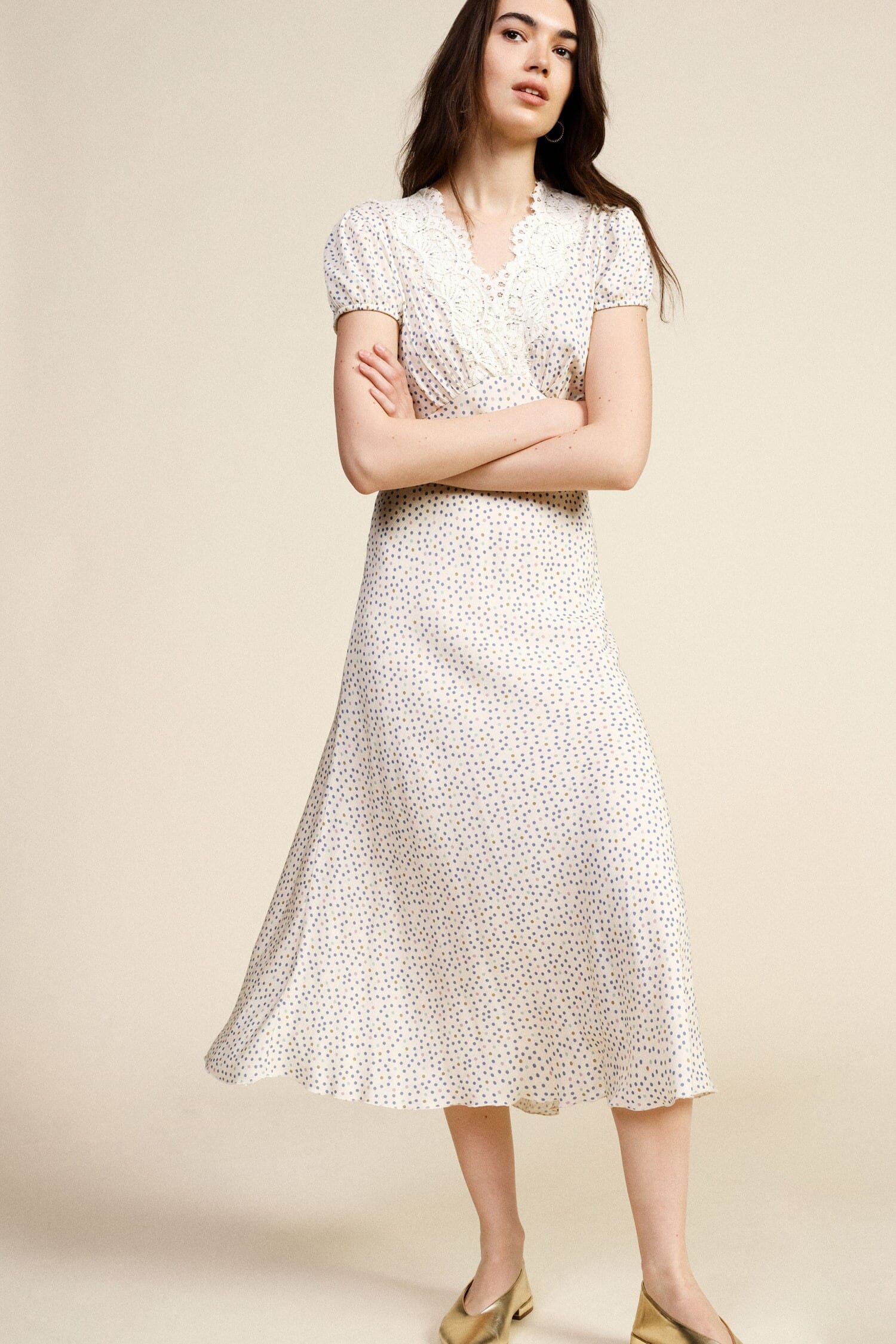 Abito Lungo Stampa Micro Pois Scollo A V Dixie