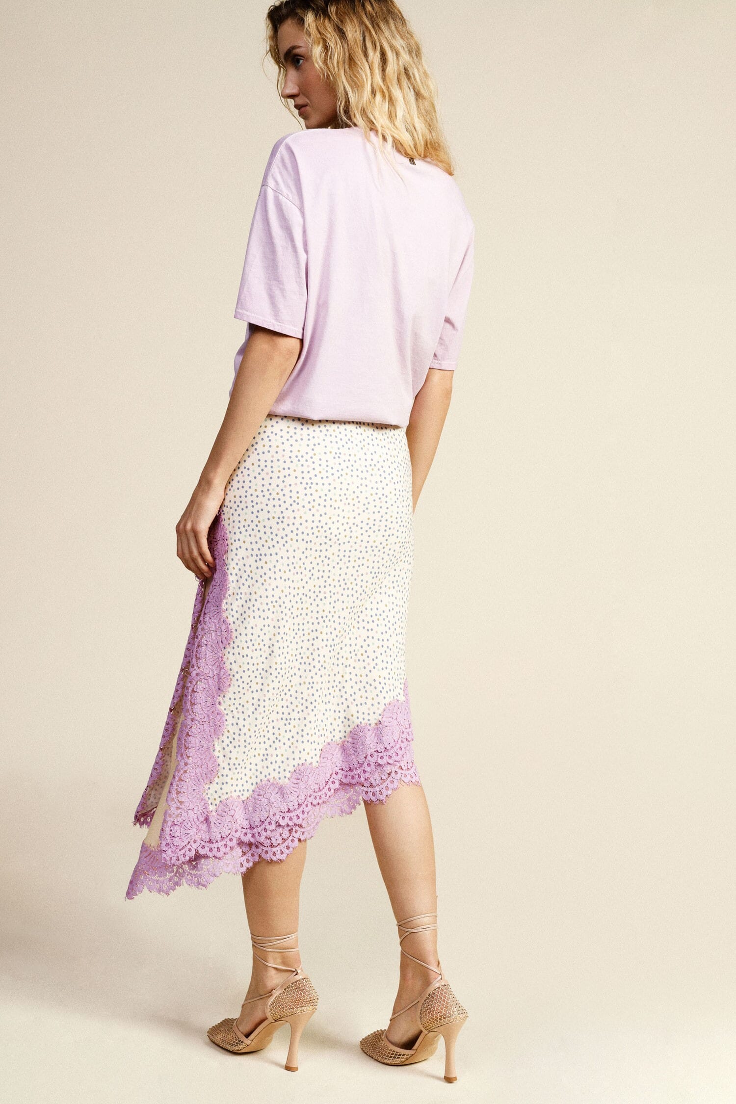 Gonna Midi Stampa Pois Con Bordo In Pizzo Dixie