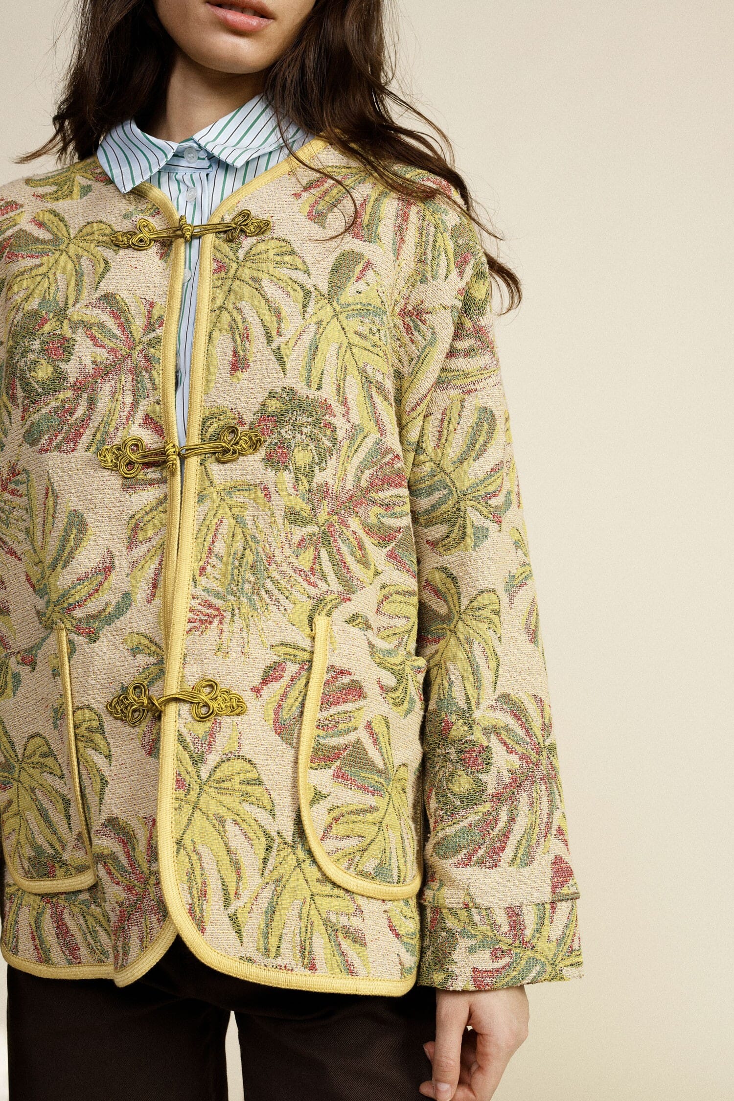 Giacca Trapuntata Stampa Foglie Tasche Applicate Dixie