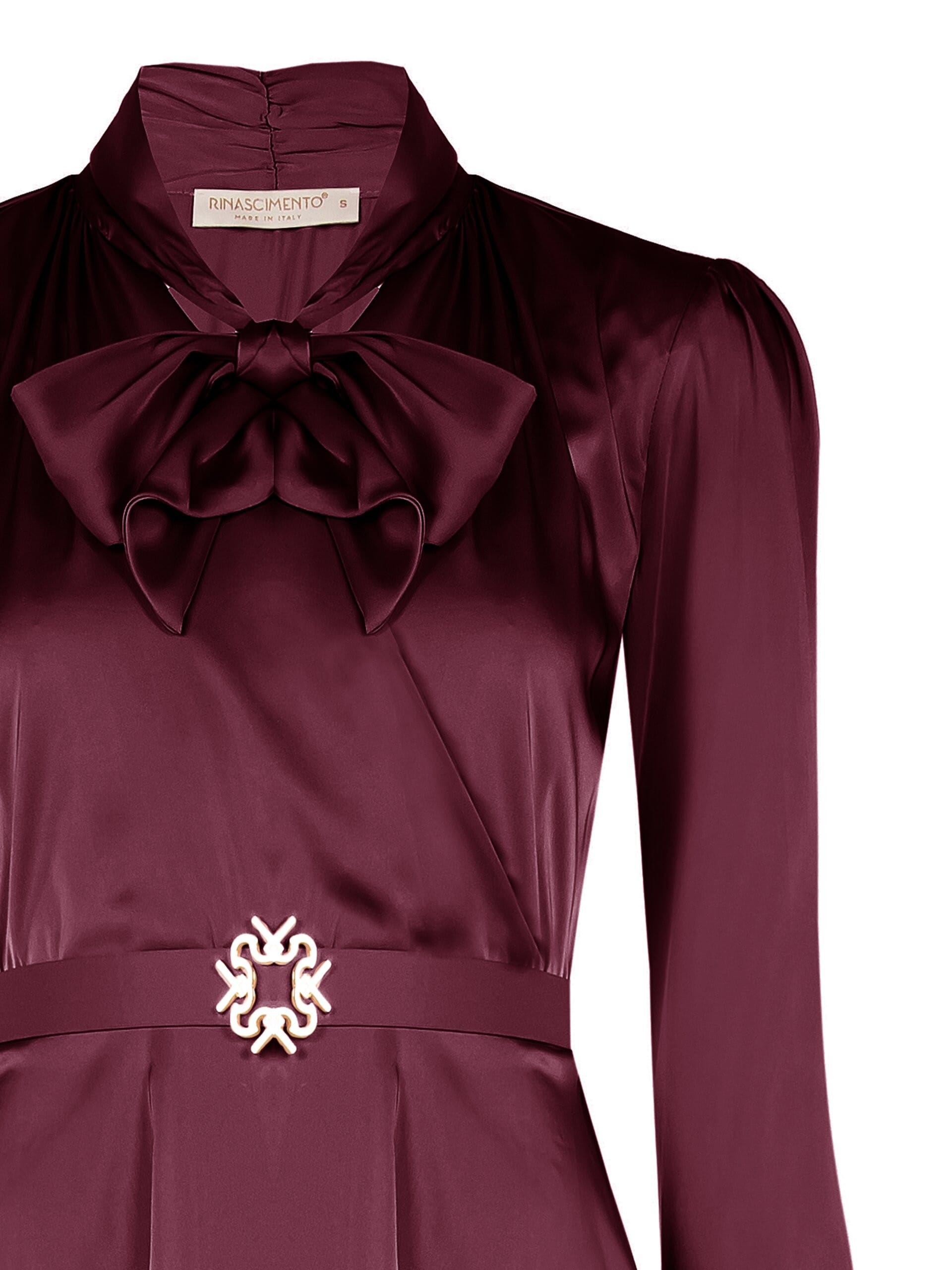 Short Satin Satin Dress With Rigid Logo Belt And Neck Bowknot Rinascimento