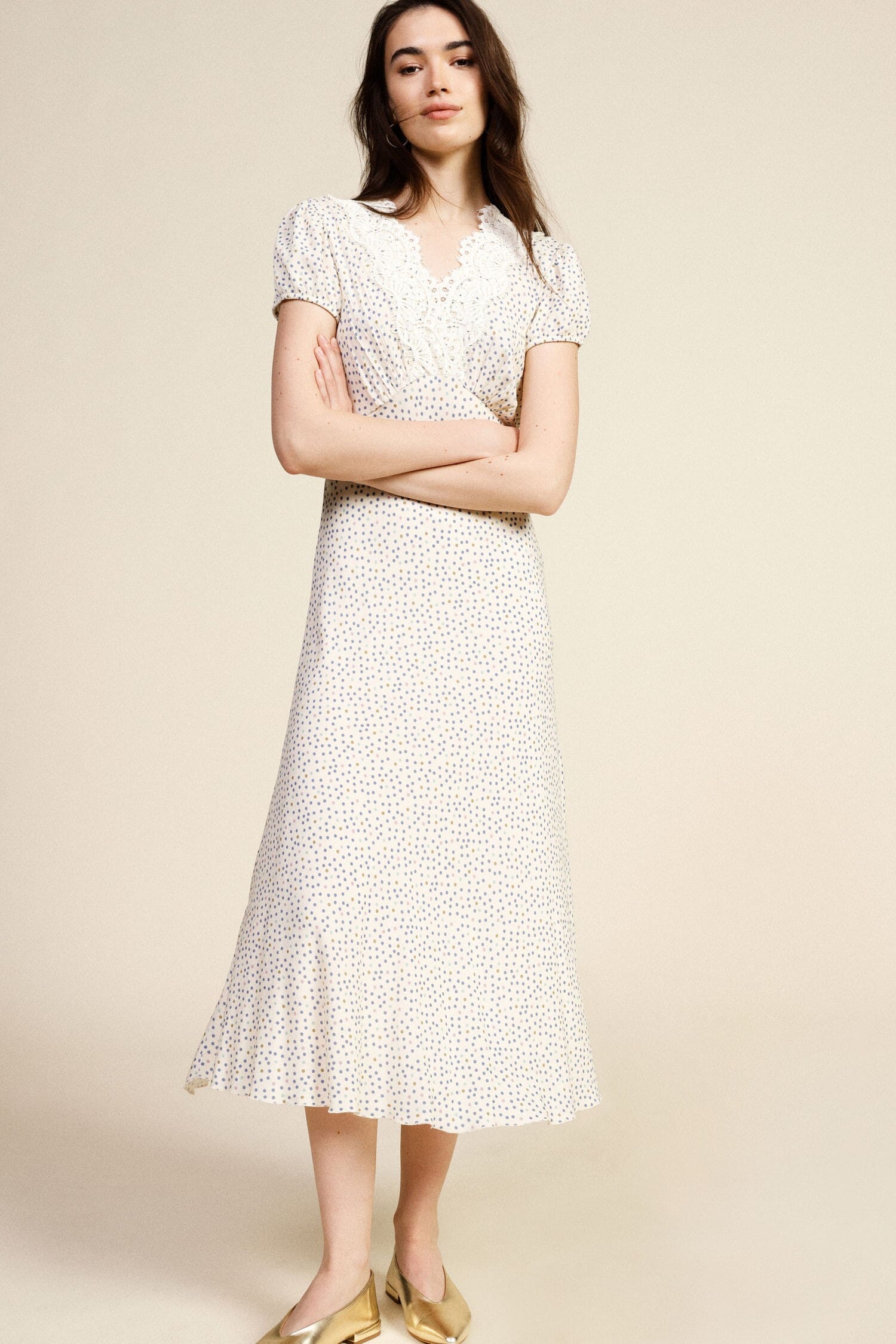 Long Print Micro Polka Dot V-neck Dress Dixie