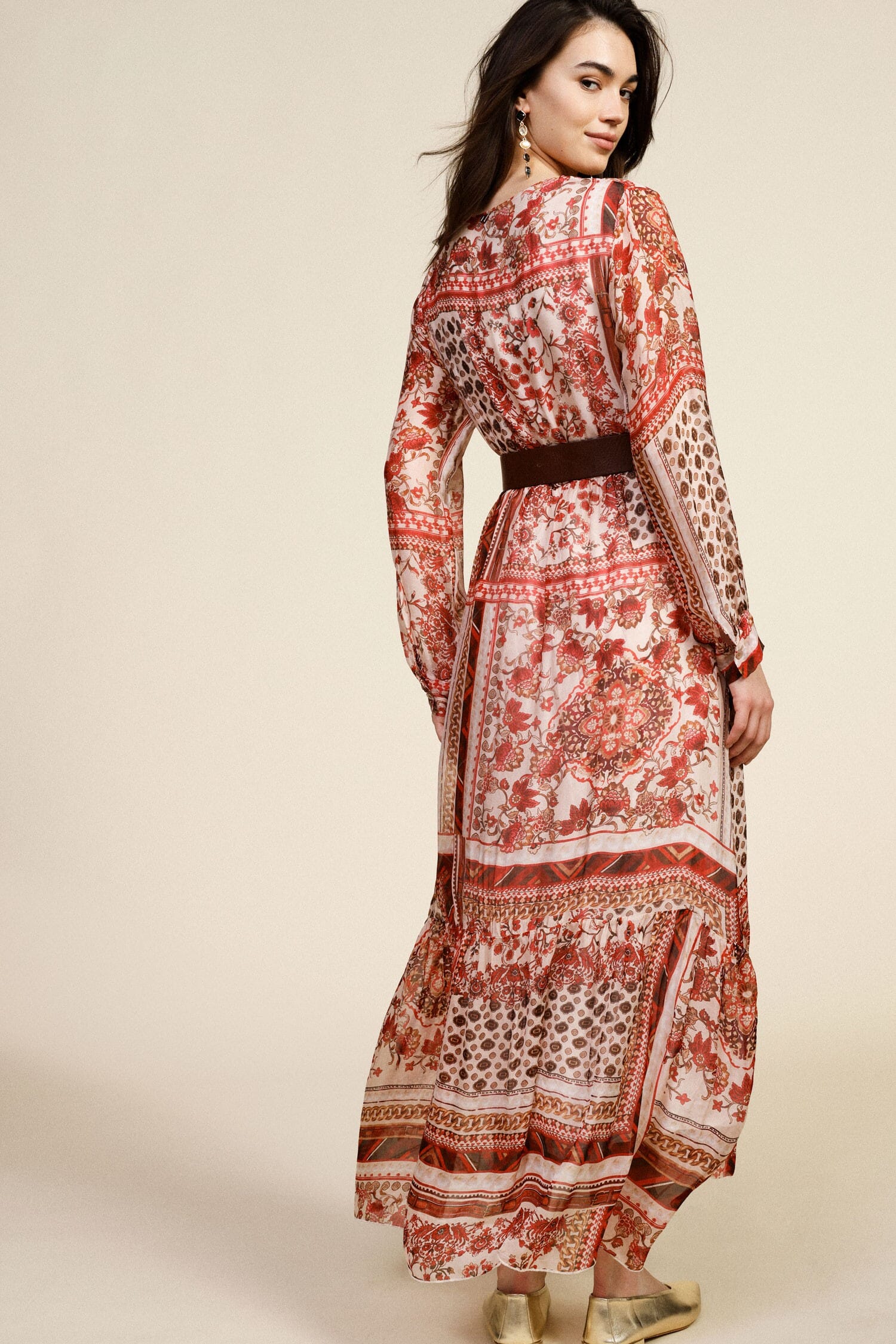 Abito Lungo Stampa Patchwork Con Scollo A V Dixie