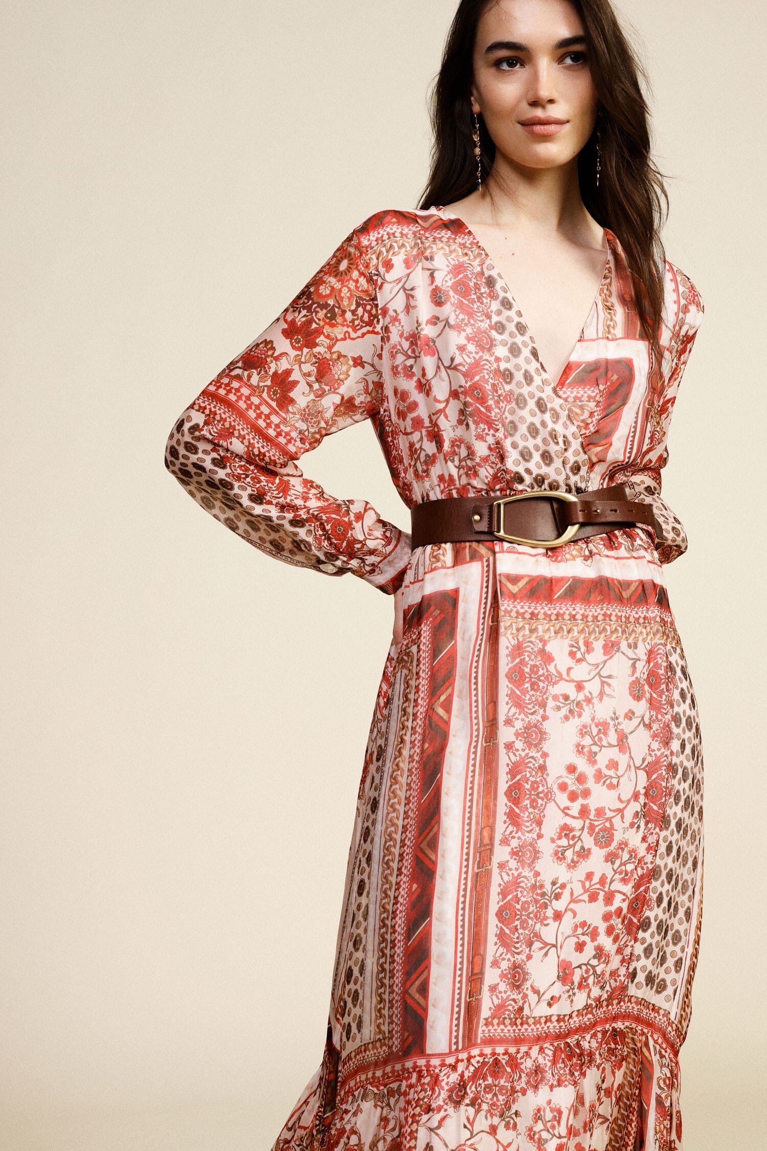 Abito Lungo Stampa Patchwork Con Scollo A V Dixie