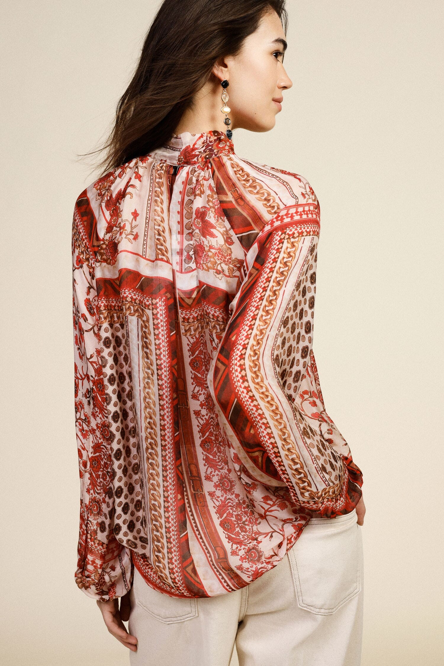 Dixie Neck Bow Patterned Wide Blouse (chemisier large à motifs)