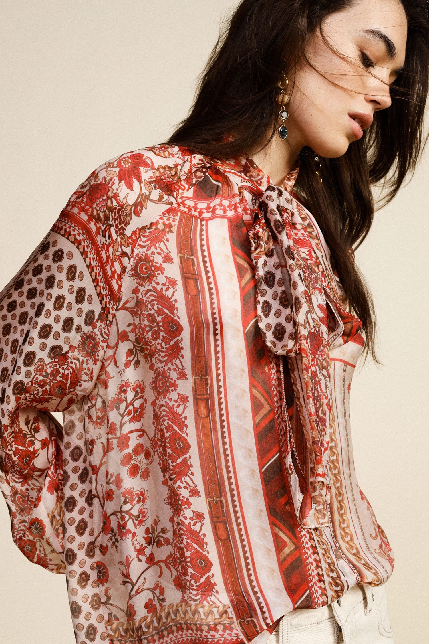 Dixie Neck Bow Patterned Wide Blouse (chemisier large à motifs)