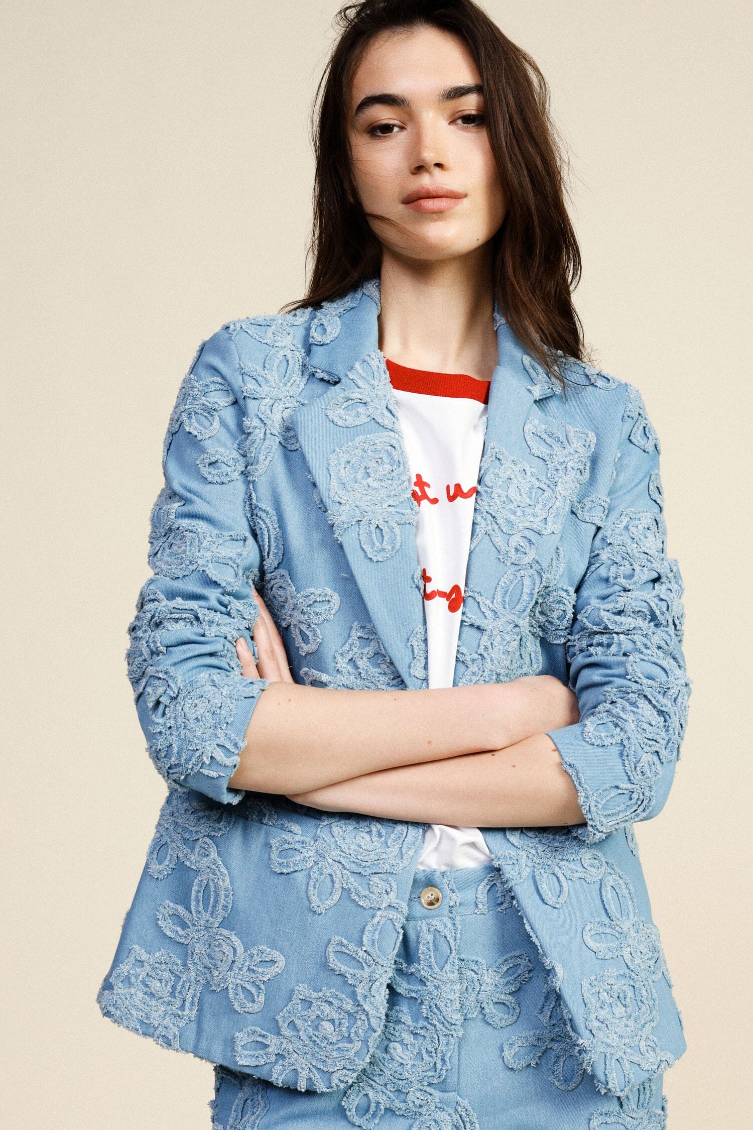 Denim Jacket With Floral Embroidery And Front Pockets Dixie