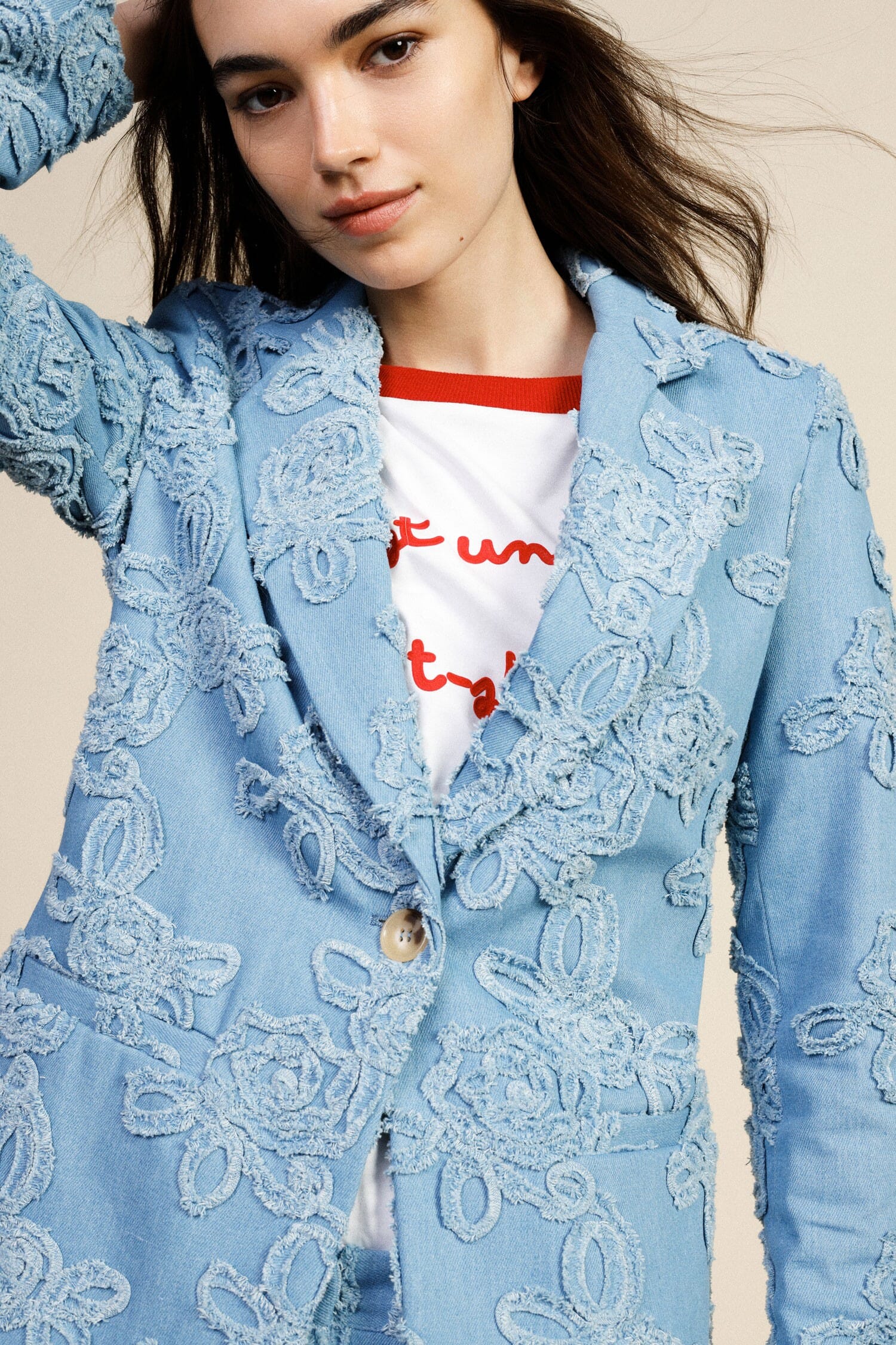 Denim Jacket With Floral Embroidery And Front Pockets Dixie