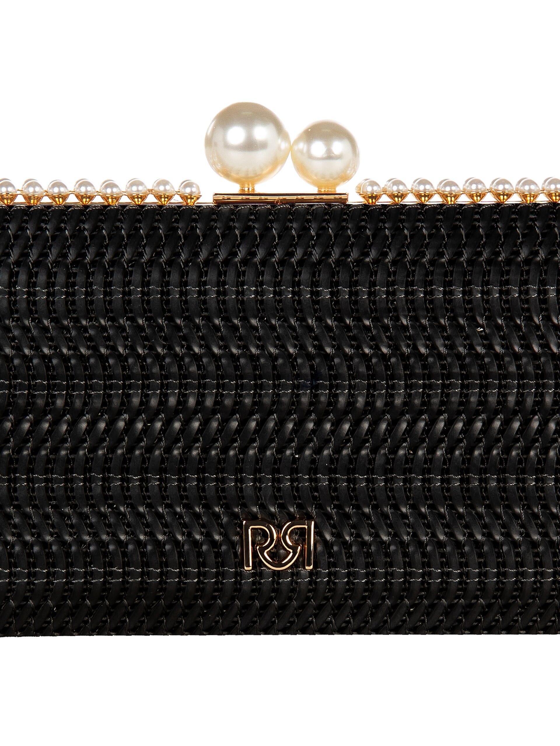 Pochette Rigida Intrecciata Effetto Paglia Con Rifinitura In Perle E Tracolla Catena Removibile Rinascimento