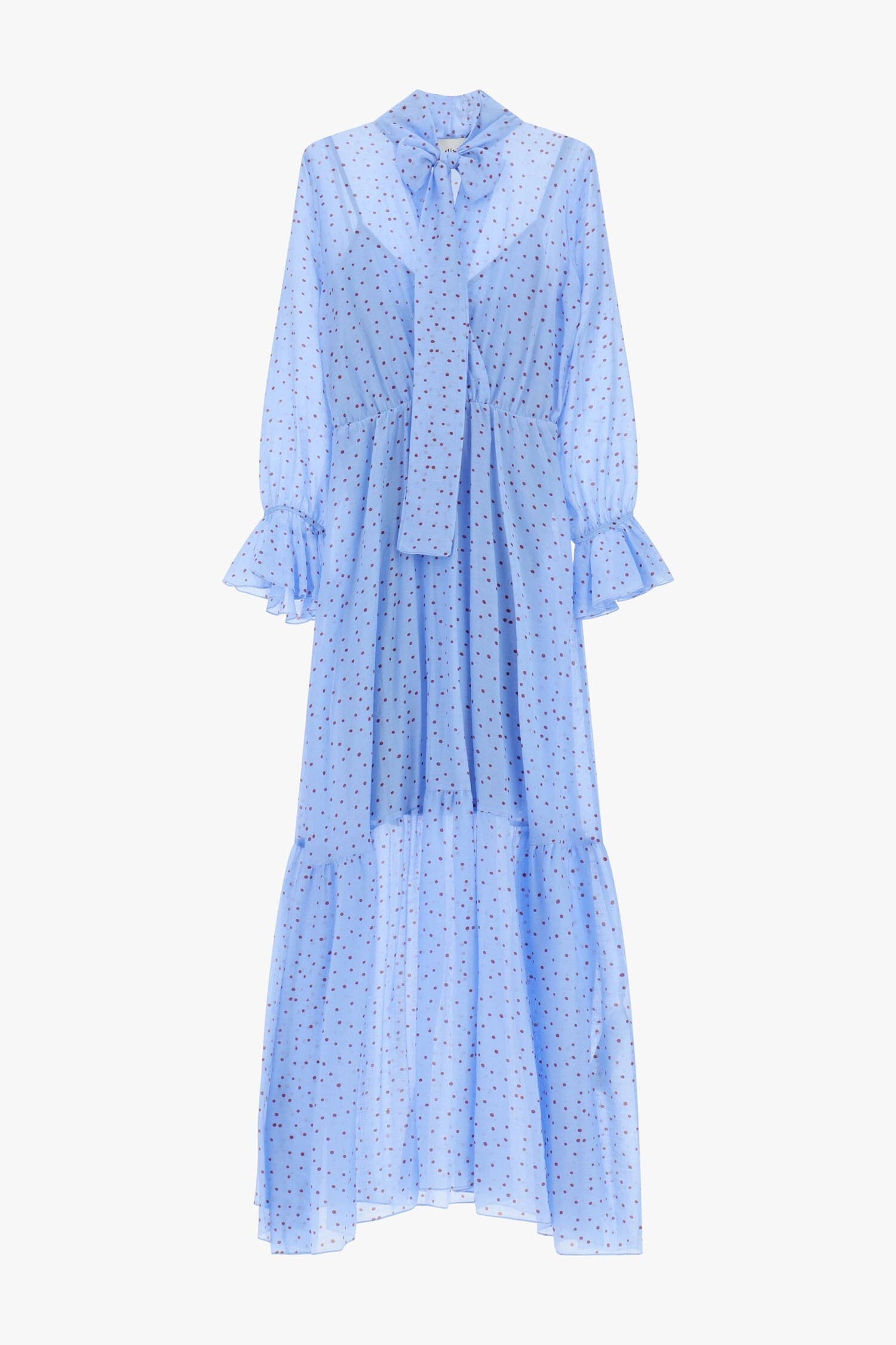 Abito Lungo Stampa Micro Pois Con Fiocco Collo Dixie