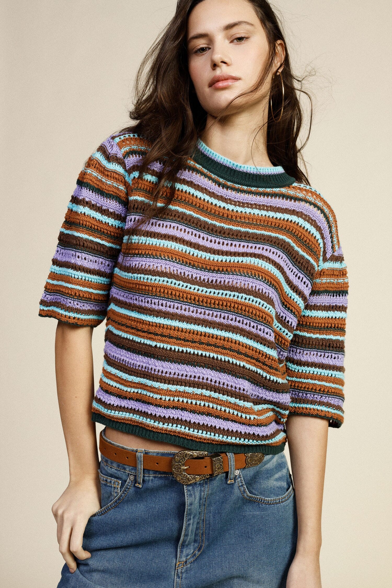 Striped Sweater With Short Sleeves And Crew Neck Dixie