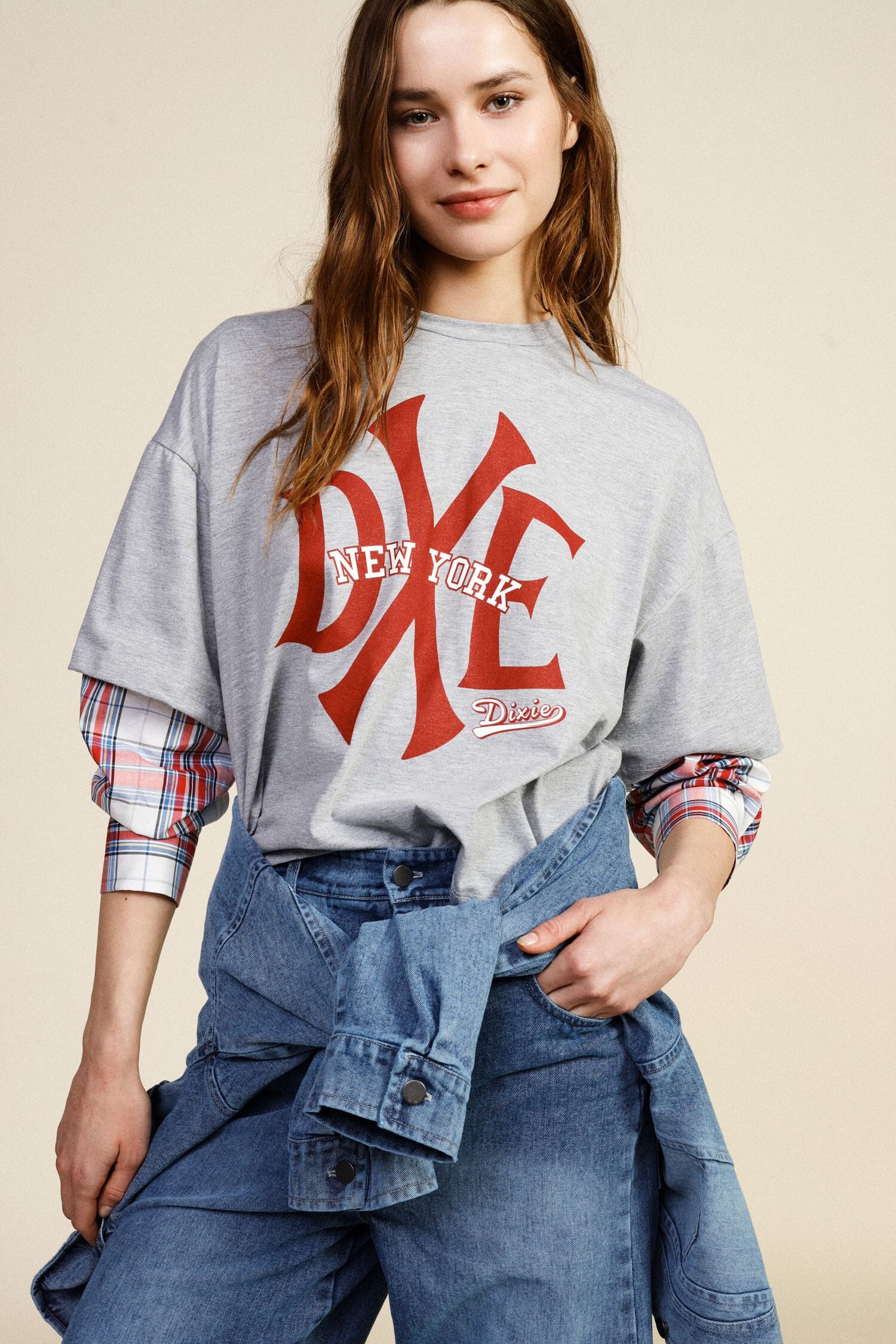 T-Shirt Manica Lunga Stampa New York E Dettagli A Quadri Dixie