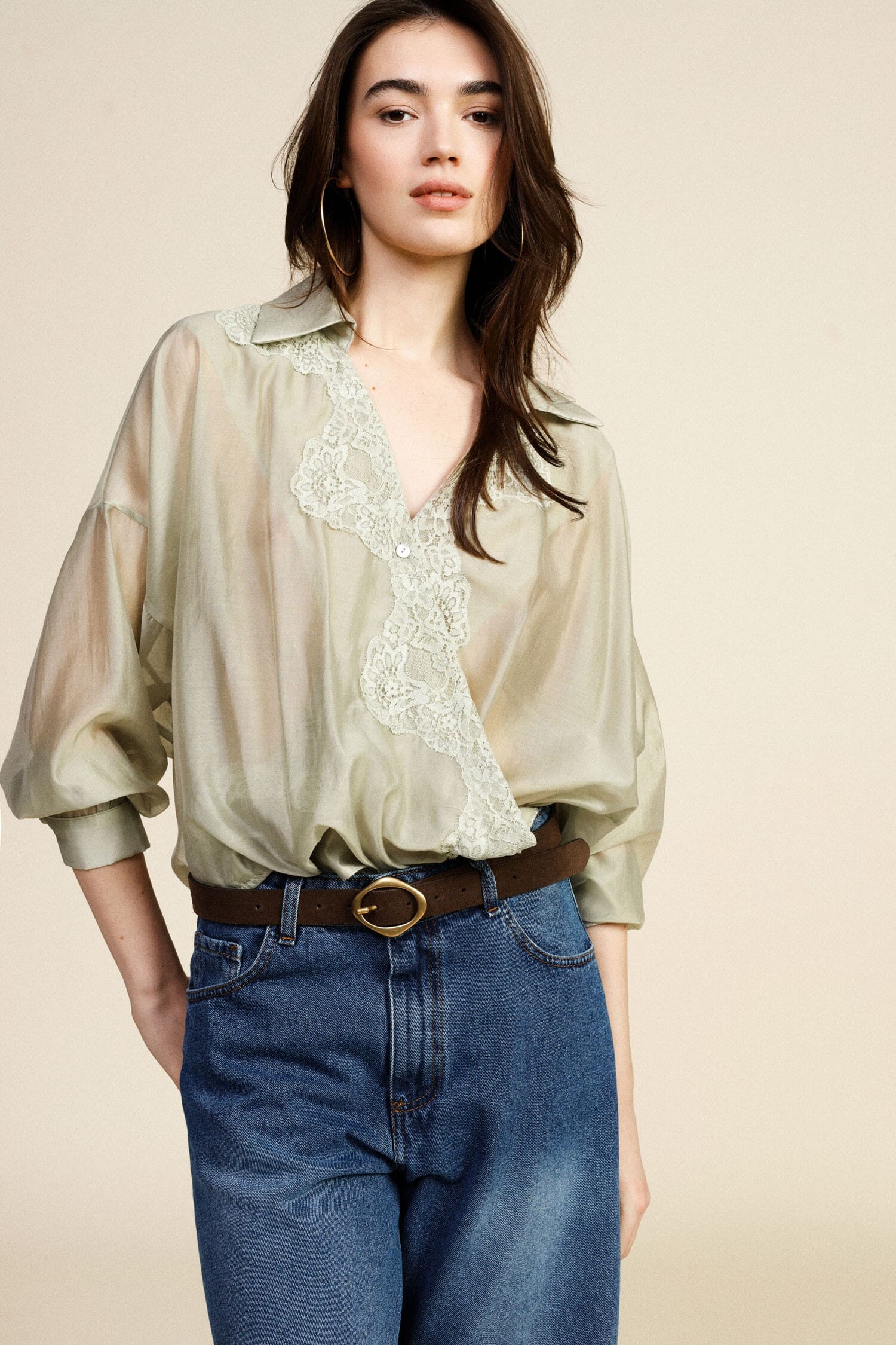 Semi-transparent shirt with lace and classic collar Dixie