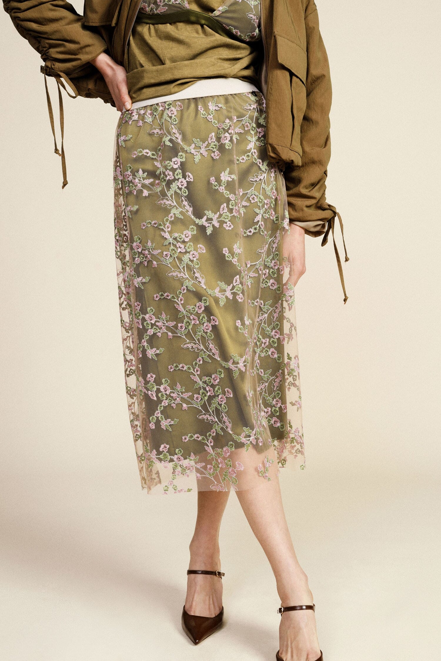 Jupe midi avec broderie florale transparente Dixie