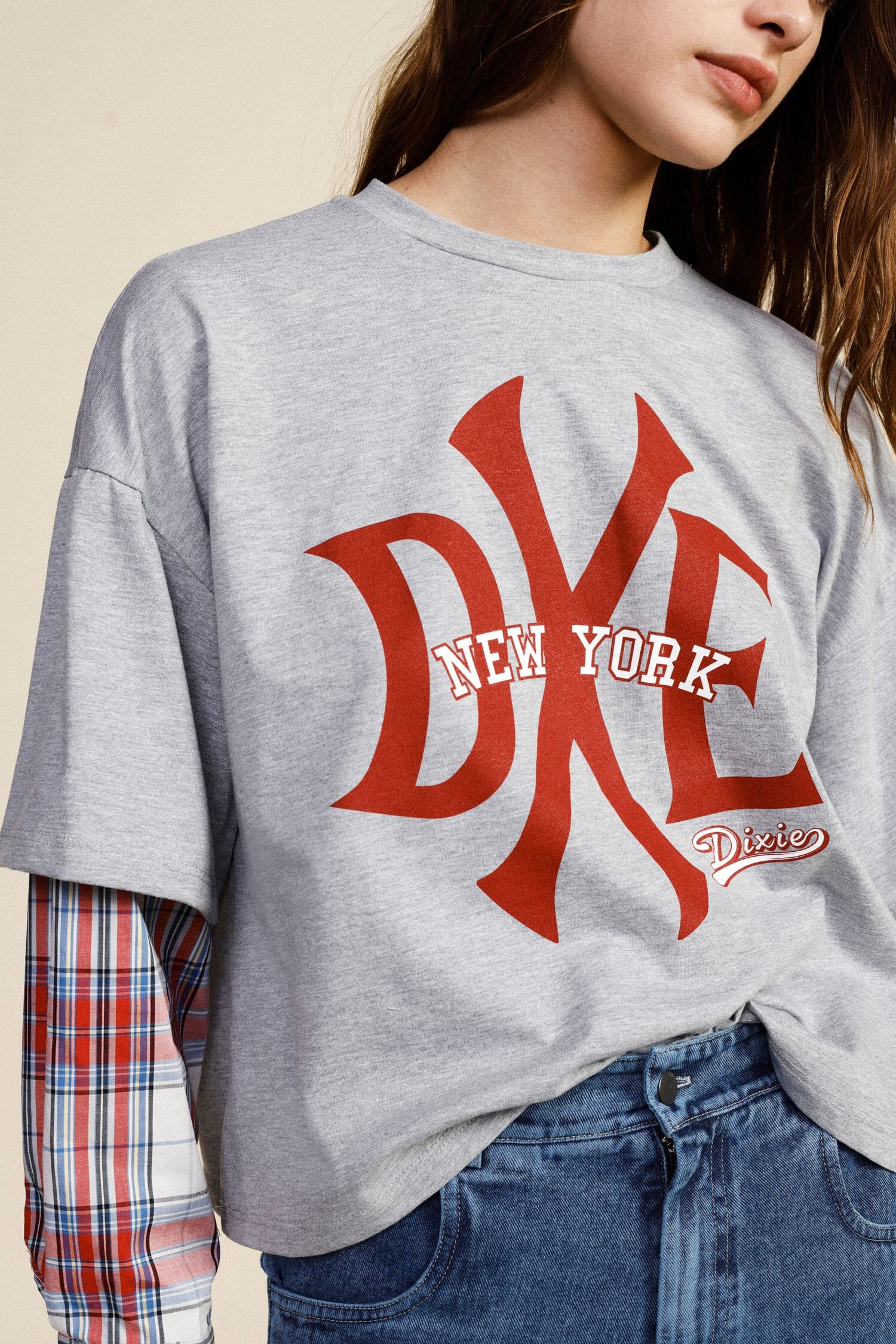 T-Shirt Manica Lunga Stampa New York E Dettagli A Quadri Dixie