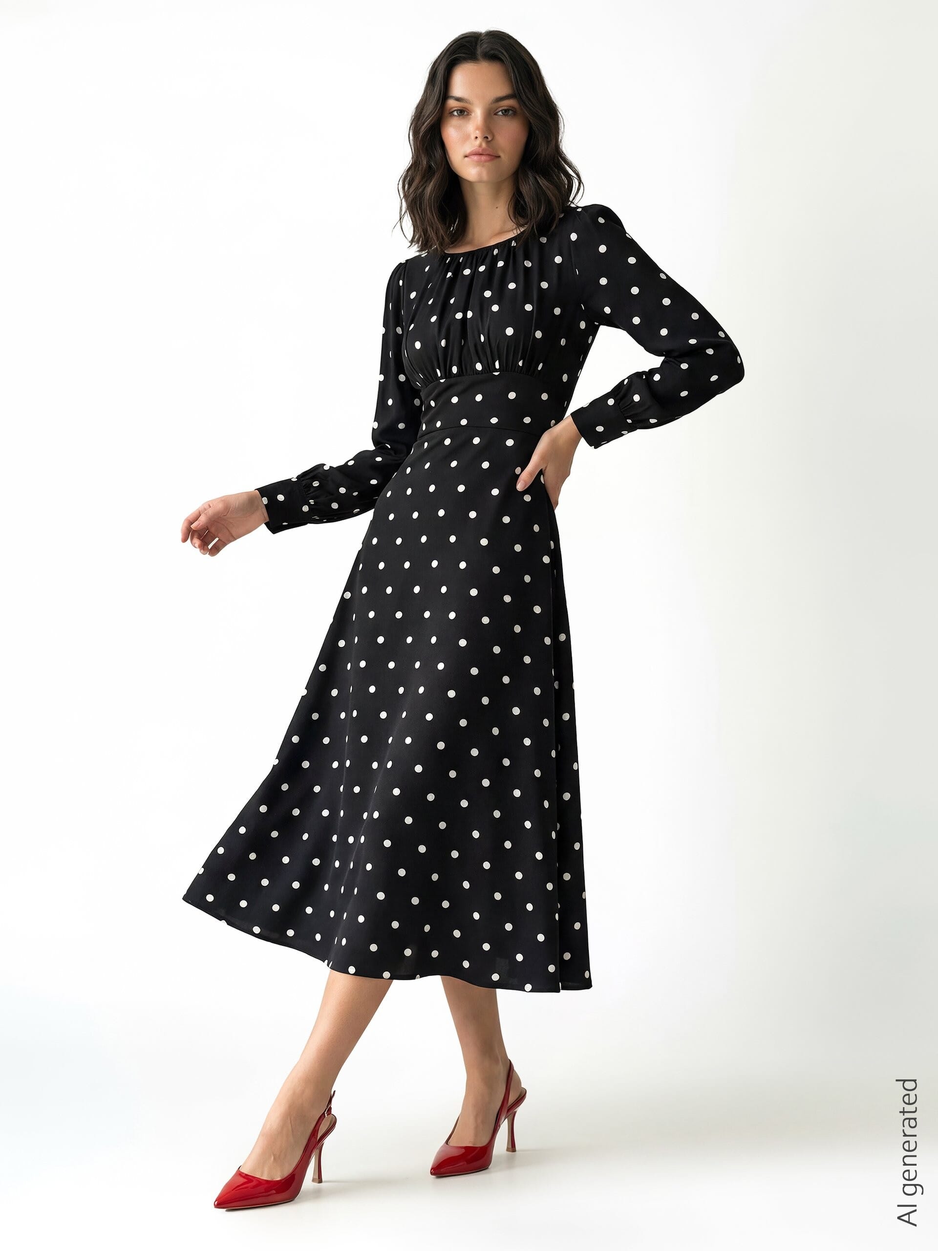 Abito Midi In Raso A Pois Con Scollo Impuntato Rinascimento