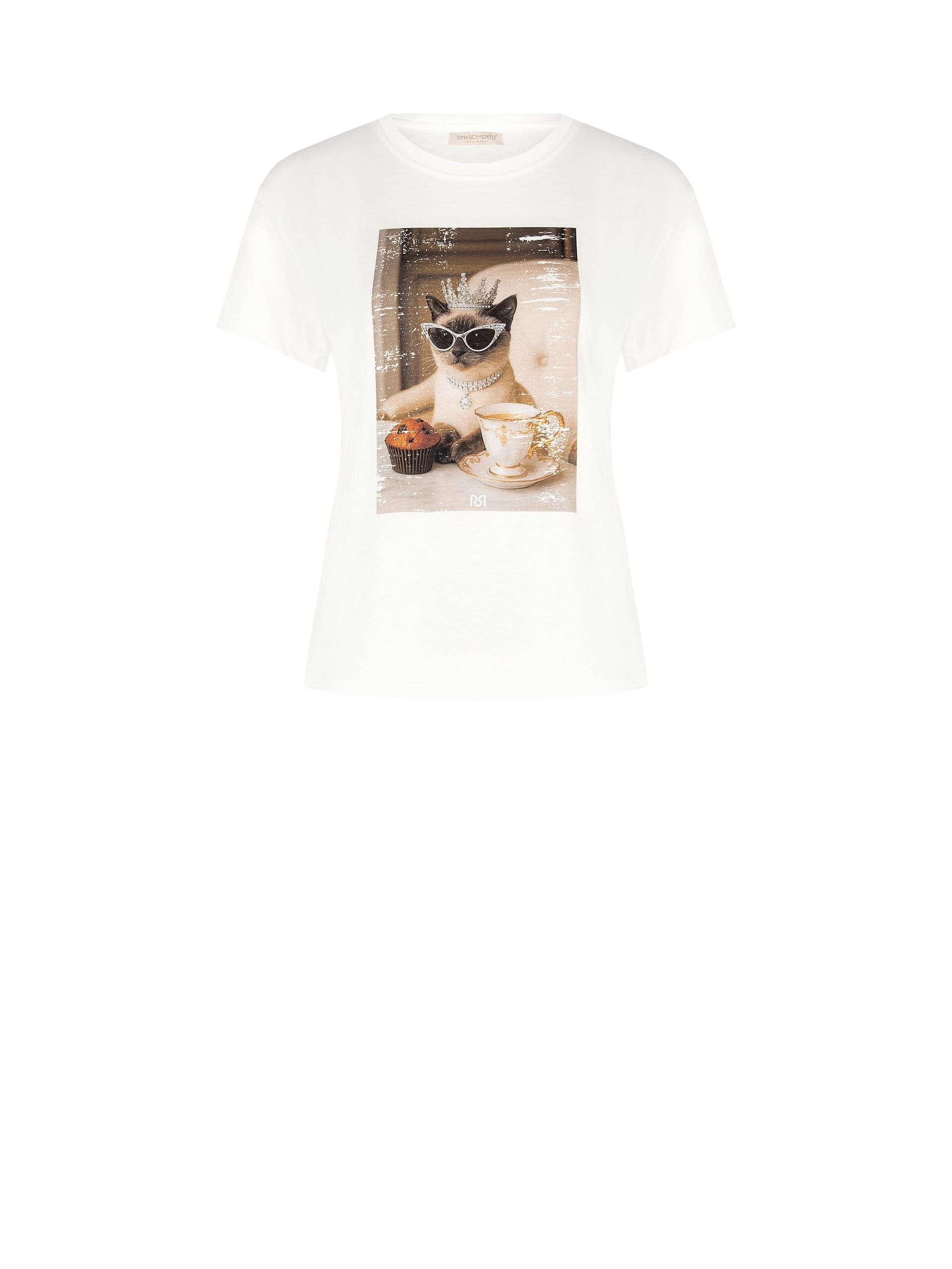 T-Shirt régulier en coton avec imprimé chat et strass Rinascimento