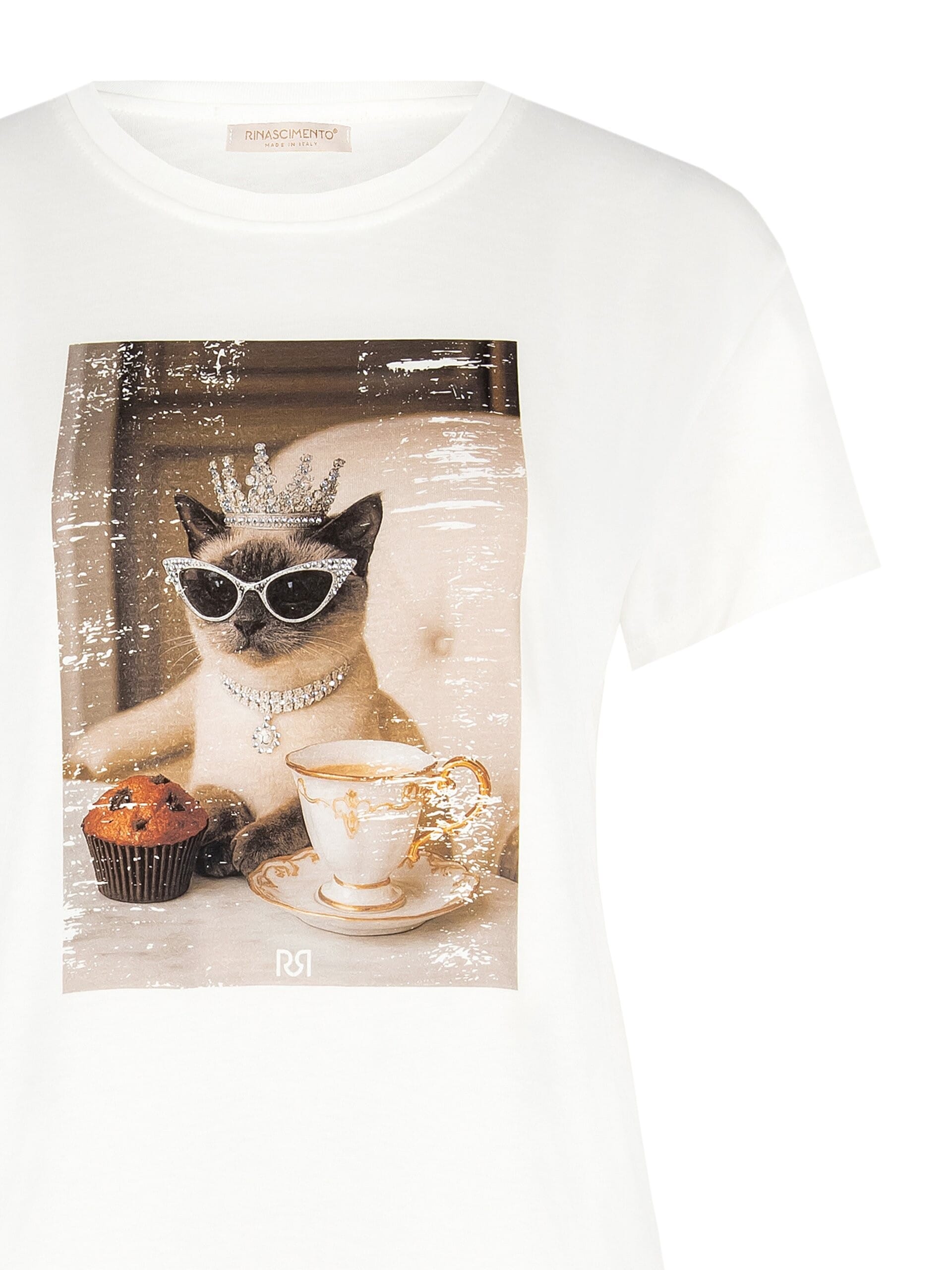 T-Shirt régulier en coton avec imprimé chat et strass Rinascimento