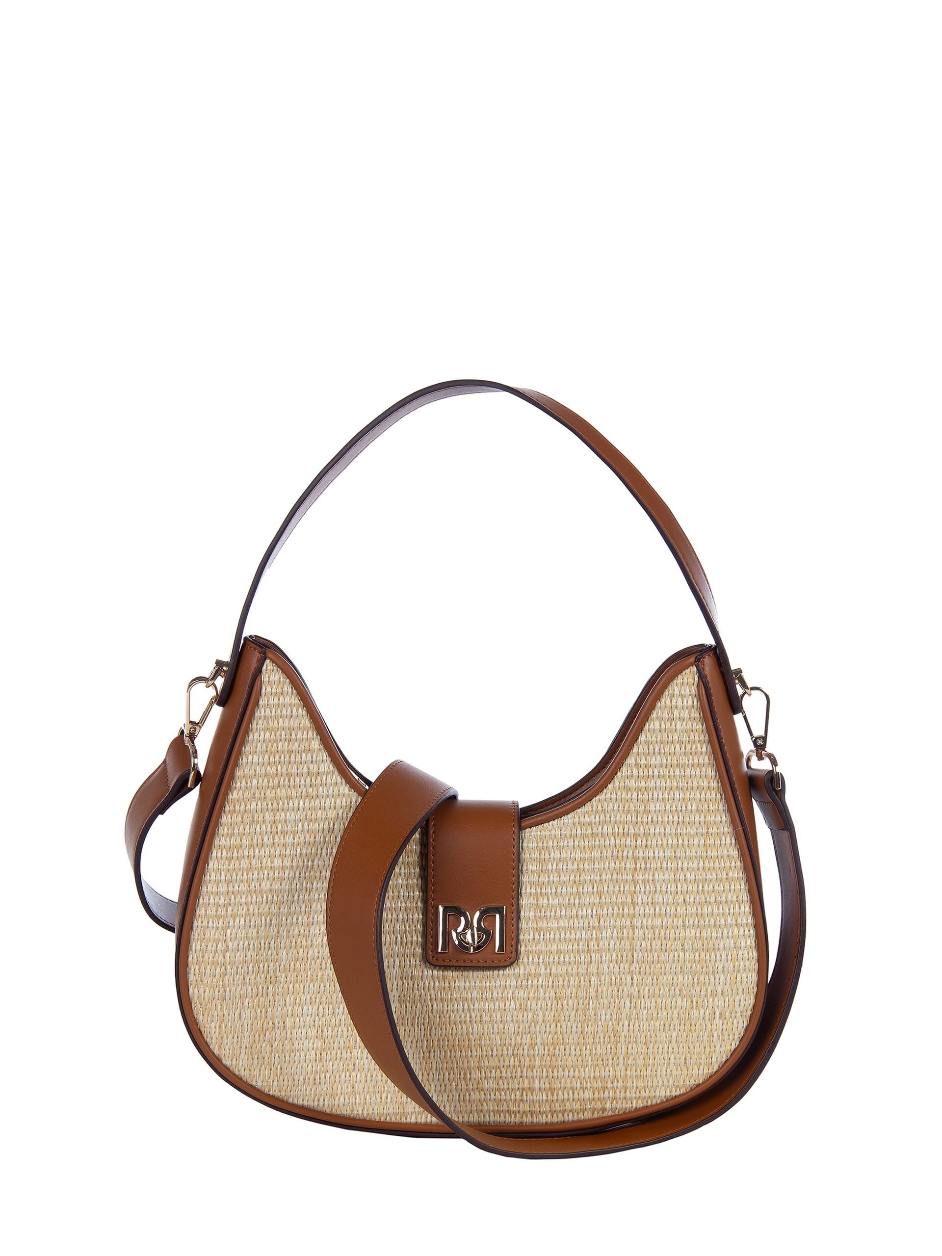 Large Imitation Leather Shoulder Bag With Straw Weave Effect And Removable Adjustable Strap Rinascimento