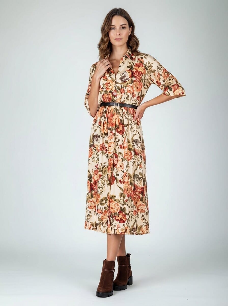 Long Flowery Viscose Chemise Dress With Matching Leather Similpa leather Belt Rinascimento