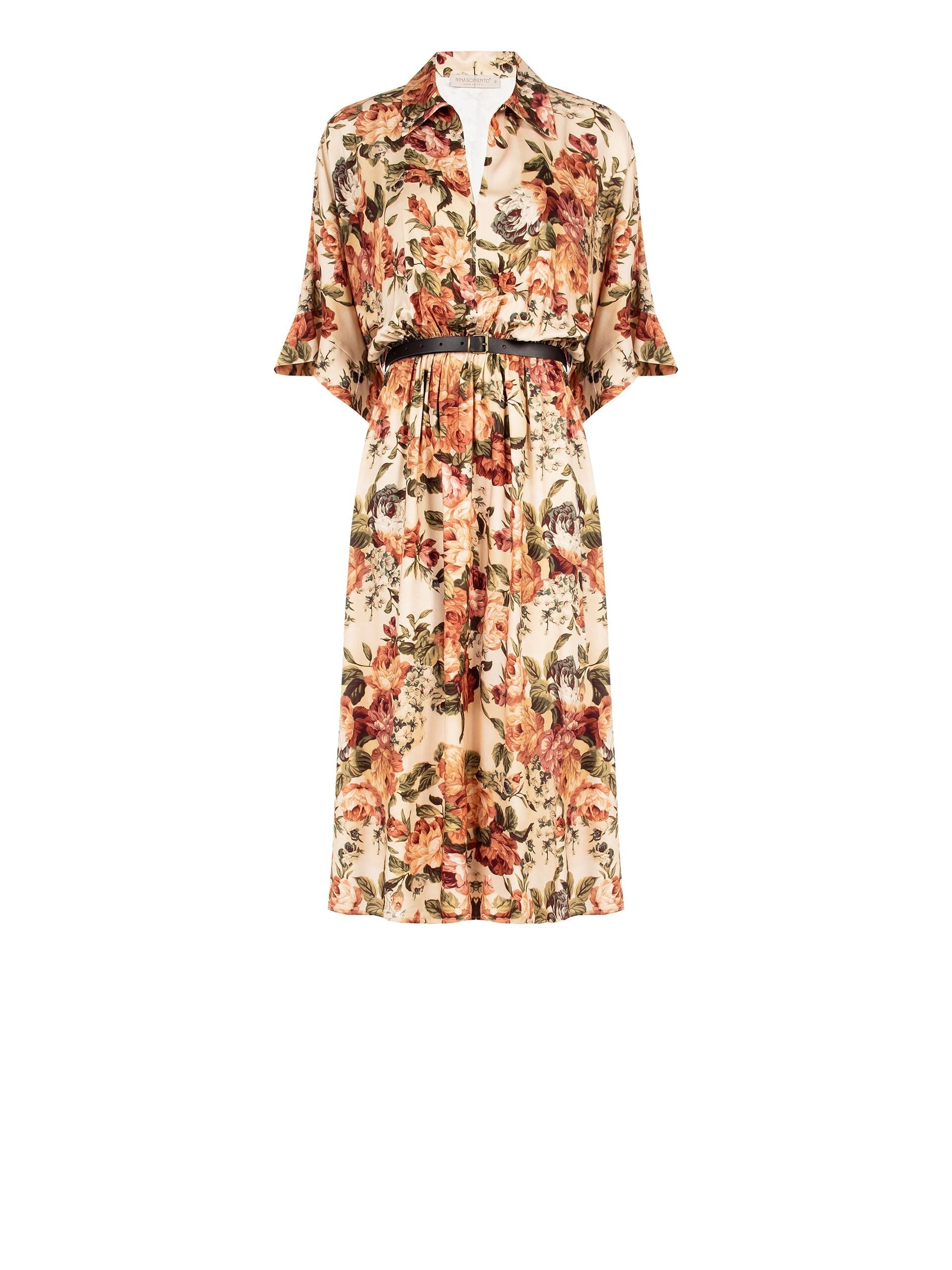 Long Flowery Viscose Chemise Dress With Matching Leather Similpa leather Belt Rinascimento