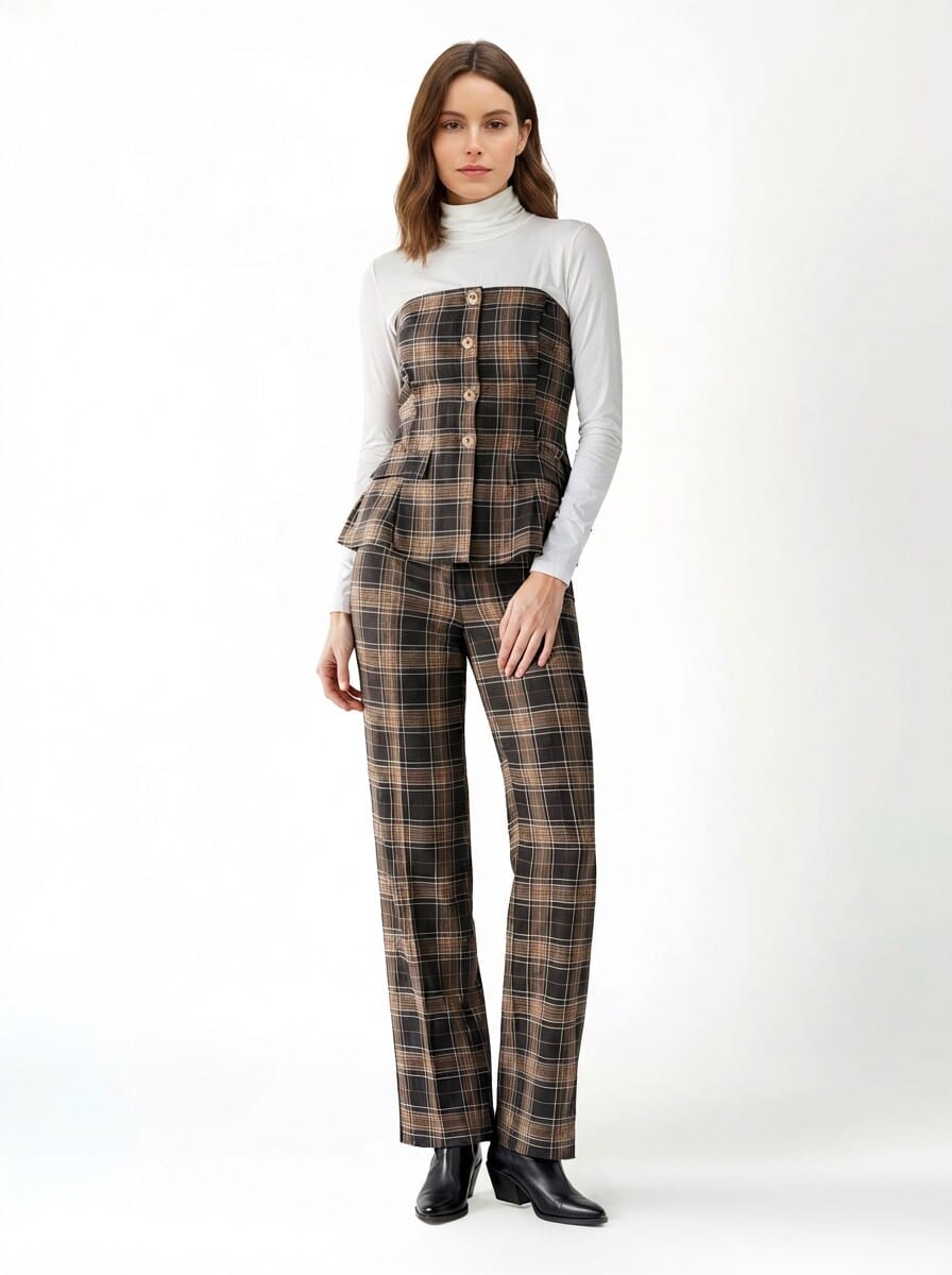 Rinascimento Plaid Poly-Viscose Long-cut Pleated Top