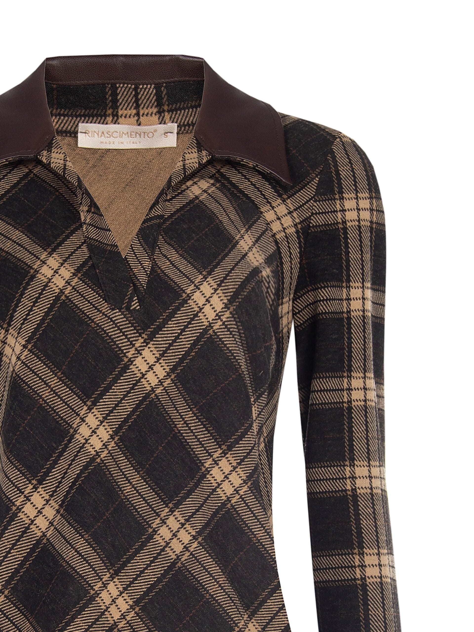 Rinascimento Jacquard Checkered Fabric Polo with Leatherette Collar