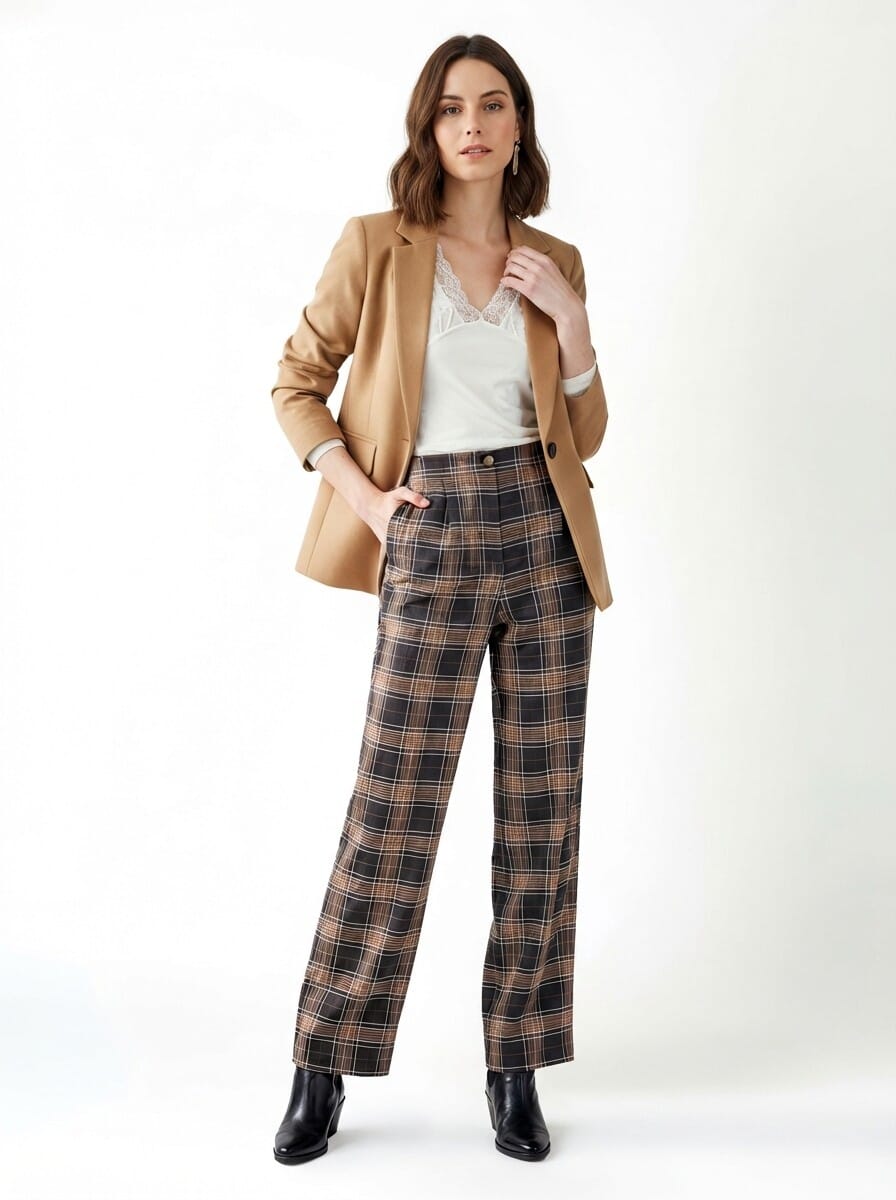 Pantalon droit en tissu polyviscose avec doubles plis et dos élastique