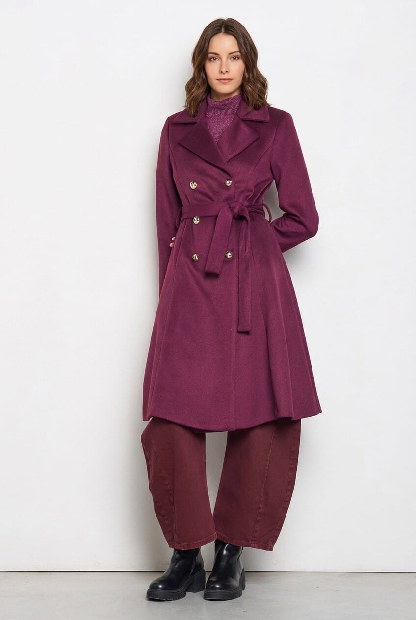 Long Velour Coat With Logo Buttons And Coordinating Belt Rinascimento