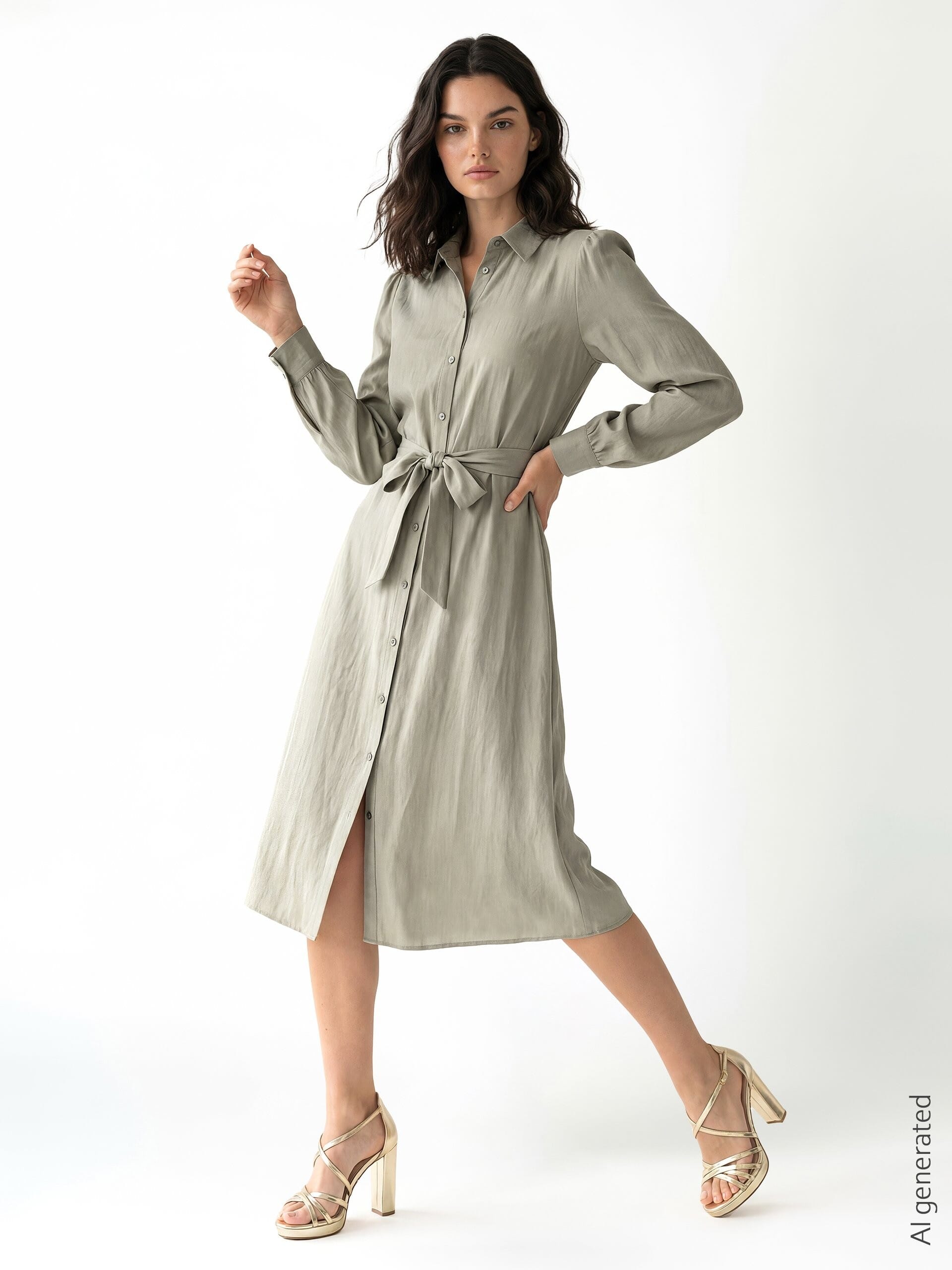 Lightweight Mixed Viscose Chemisier Midi Dress with Coordinated Belt Rinascimento