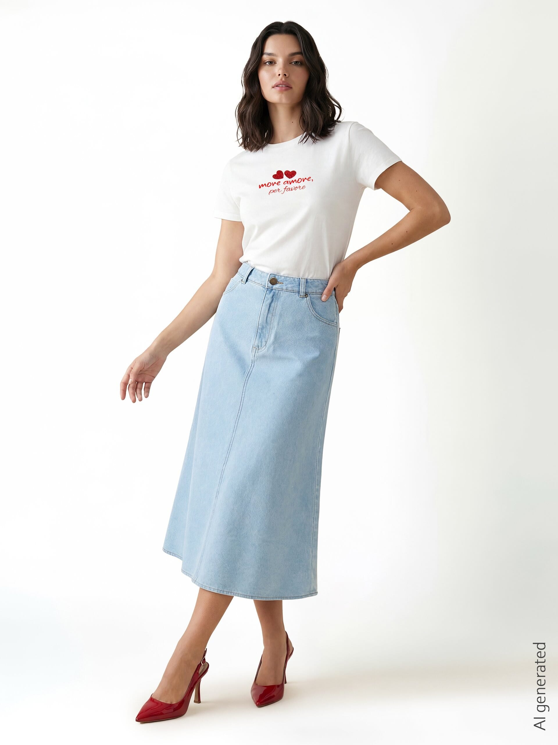 Rinascimento Light Wash Denim A-line Long A-line Skirt