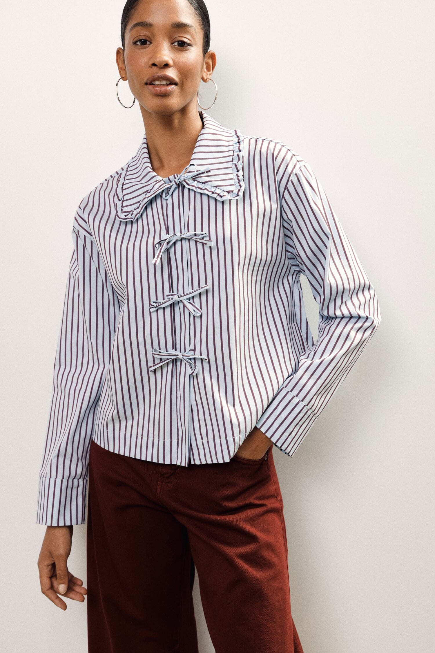 Striped Shirt With Bowknot And Ruffle Collar Dixie